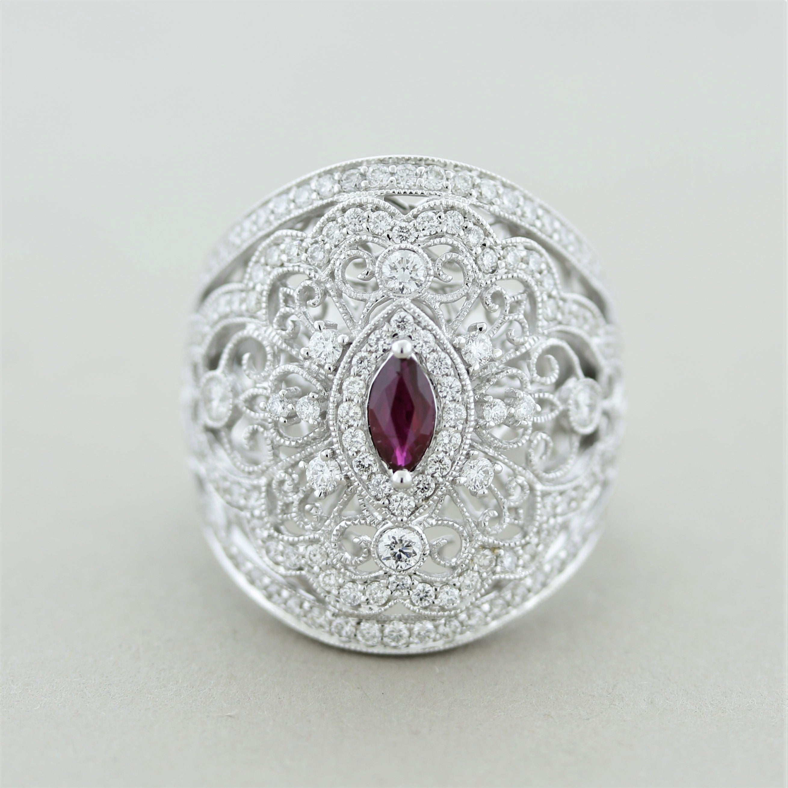 Antique Style Diamond Ruby Wide Band Ring