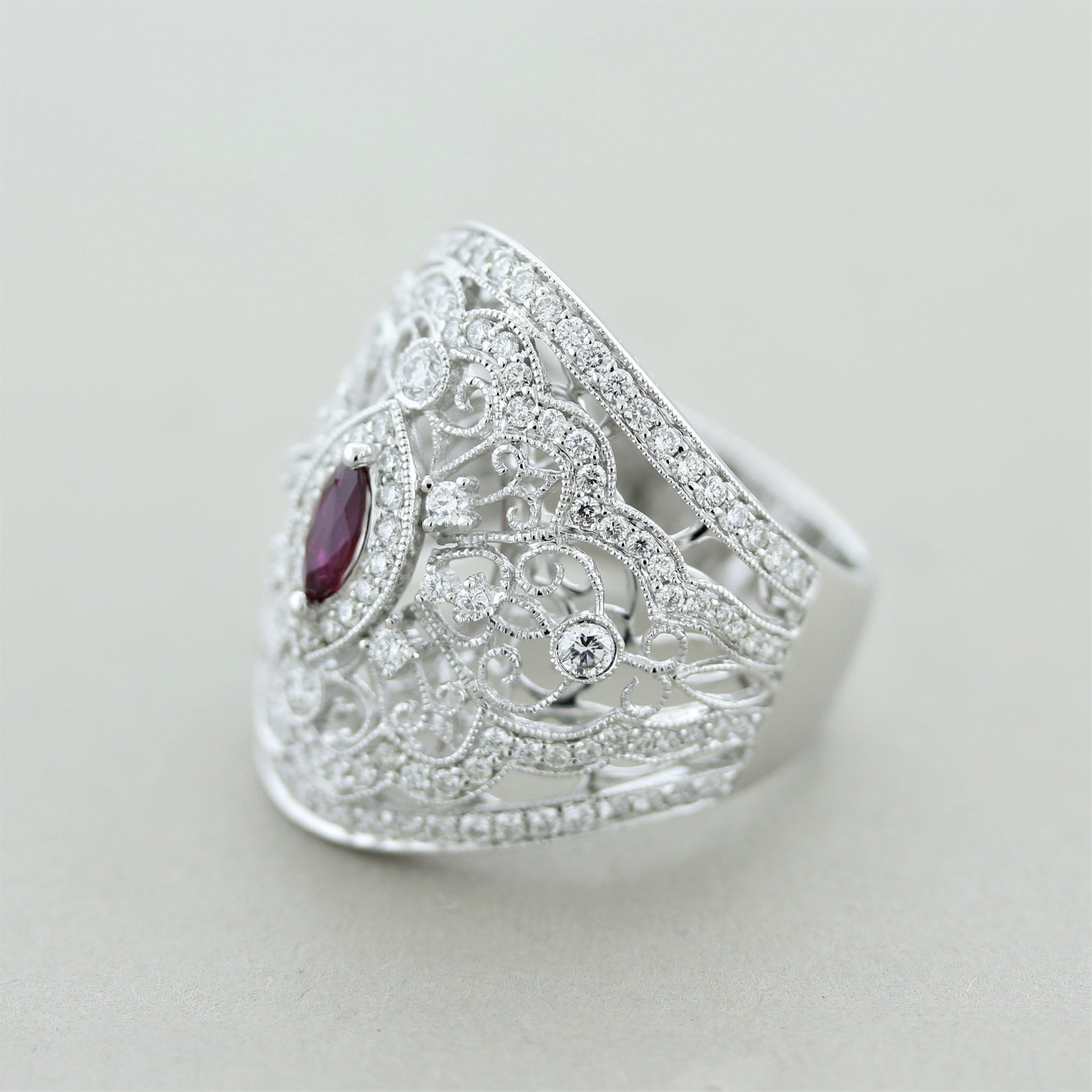 Antique Style Diamond Ruby Wide Band Ring