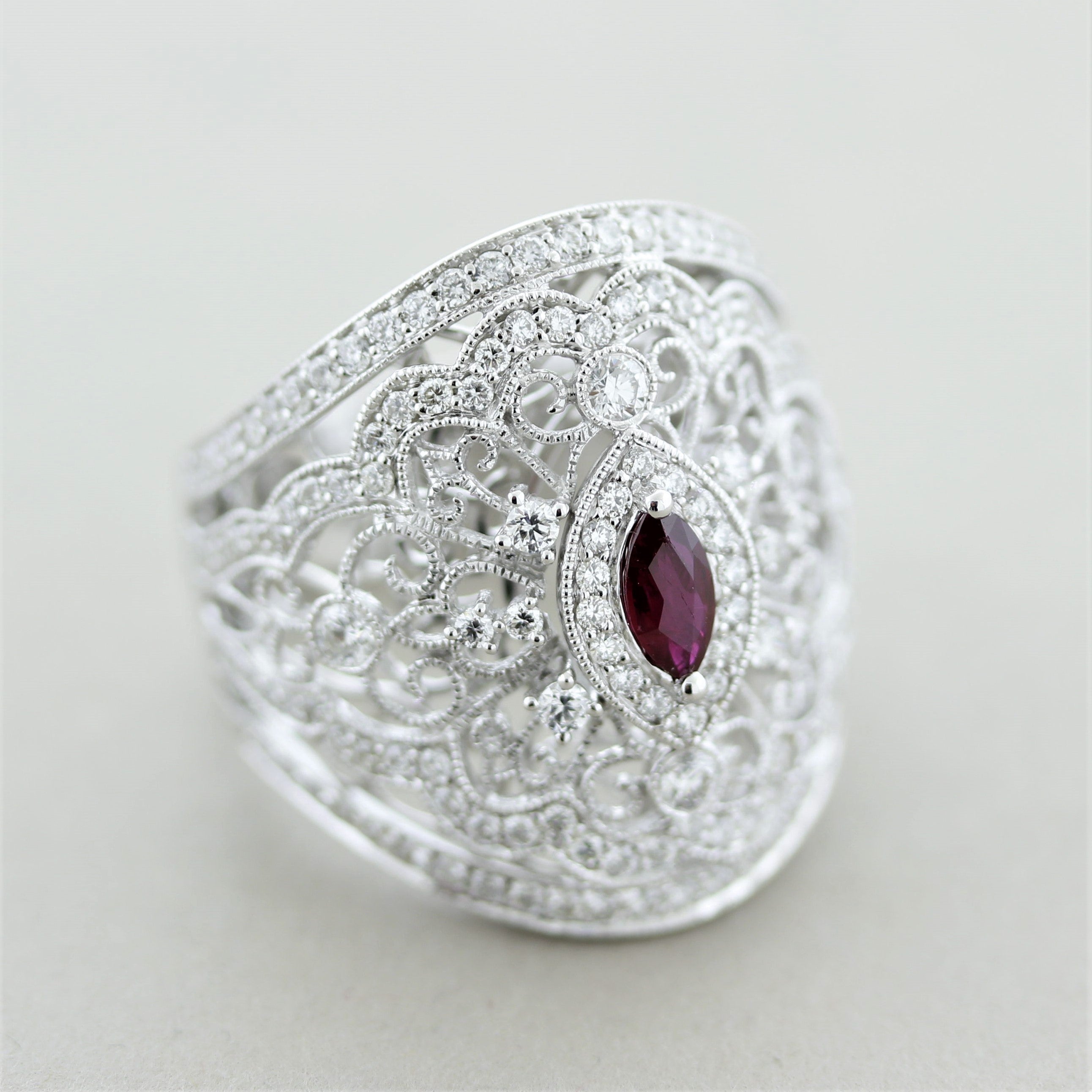 Antique Style Diamond Ruby Wide Band Ring