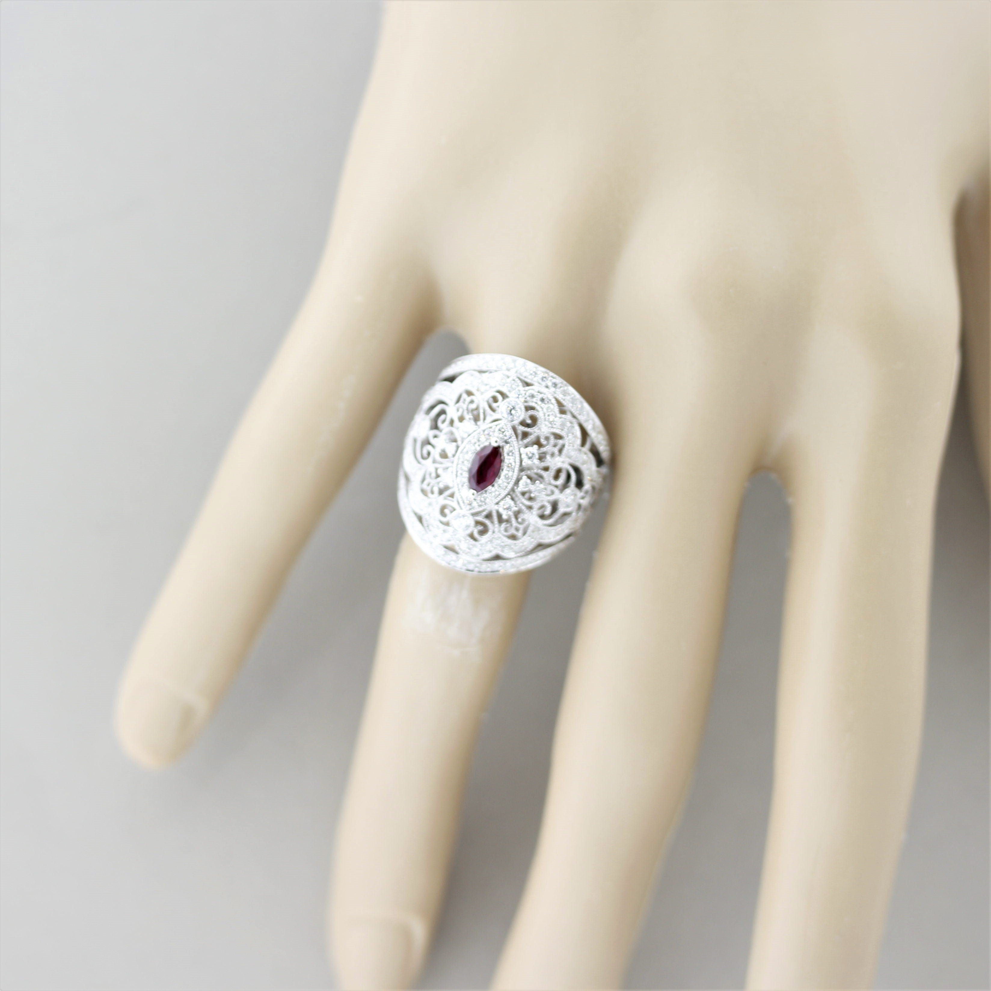 Antique Style Diamond Ruby Wide Band Ring