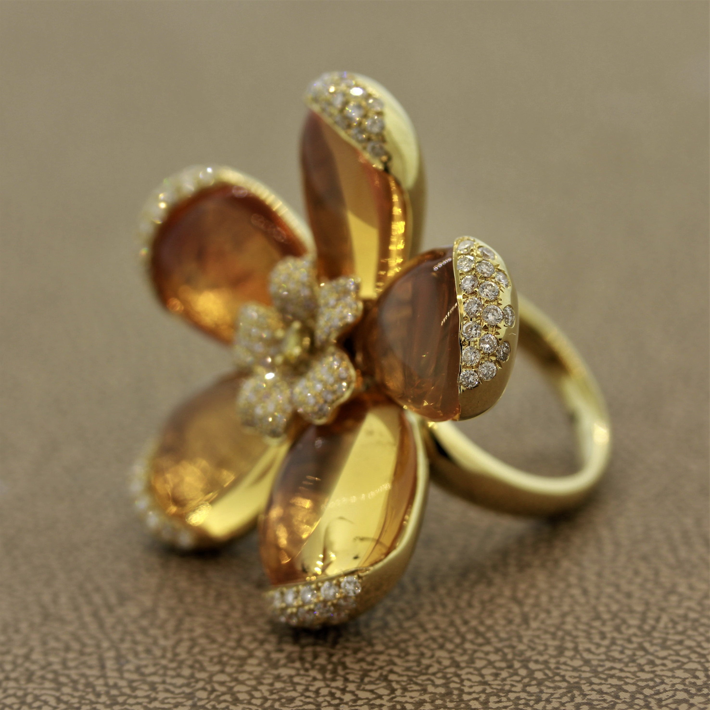 Fire Opal Diamond Gold Flower Ring