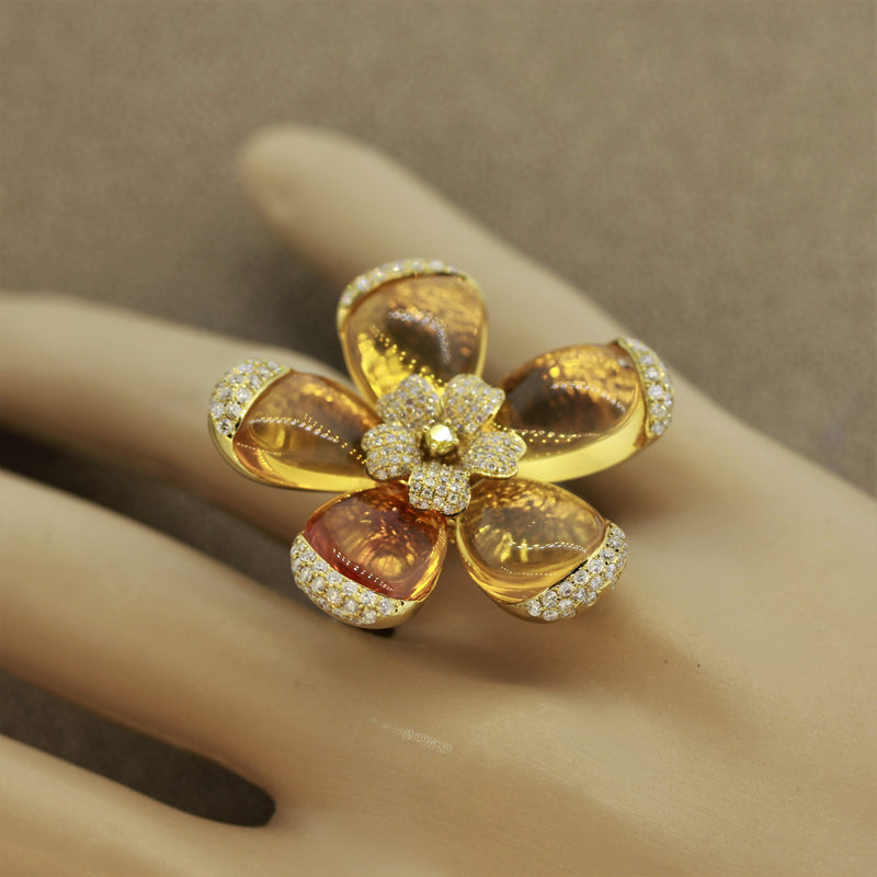 Fire Opal Diamond Gold Flower Ring