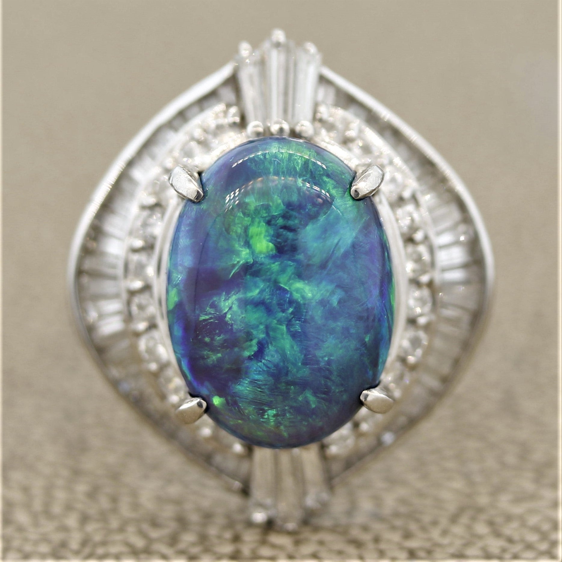 Blue-Green Australian Opal Diamond Platinum Ring