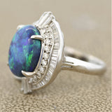 Blue-Green Australian Opal Diamond Platinum Ring