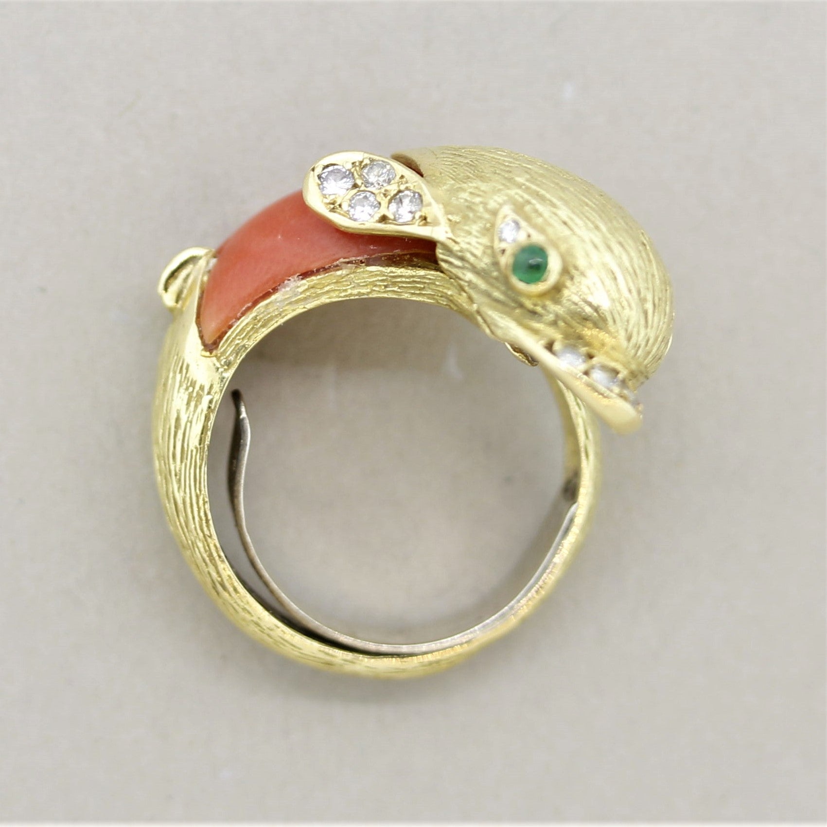 1970’s Diamond Coral Emerald Gold Dolphin Ring