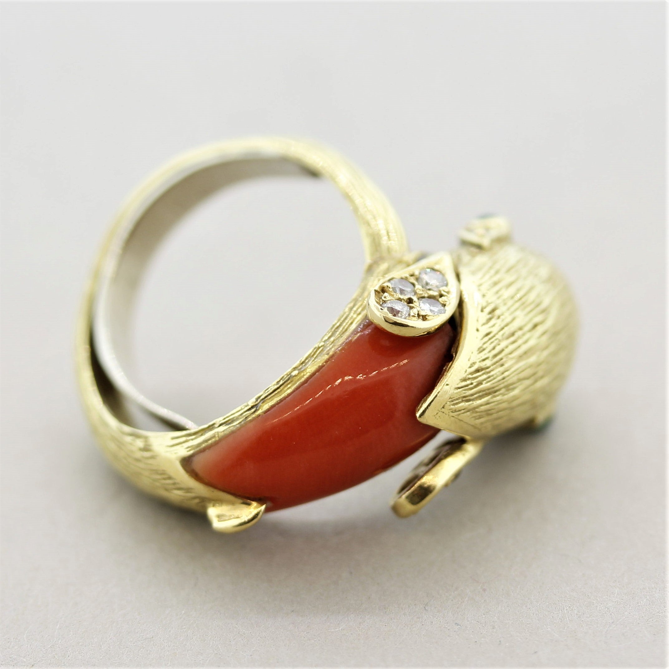 1970’s Diamond Coral Emerald Gold Dolphin Ring