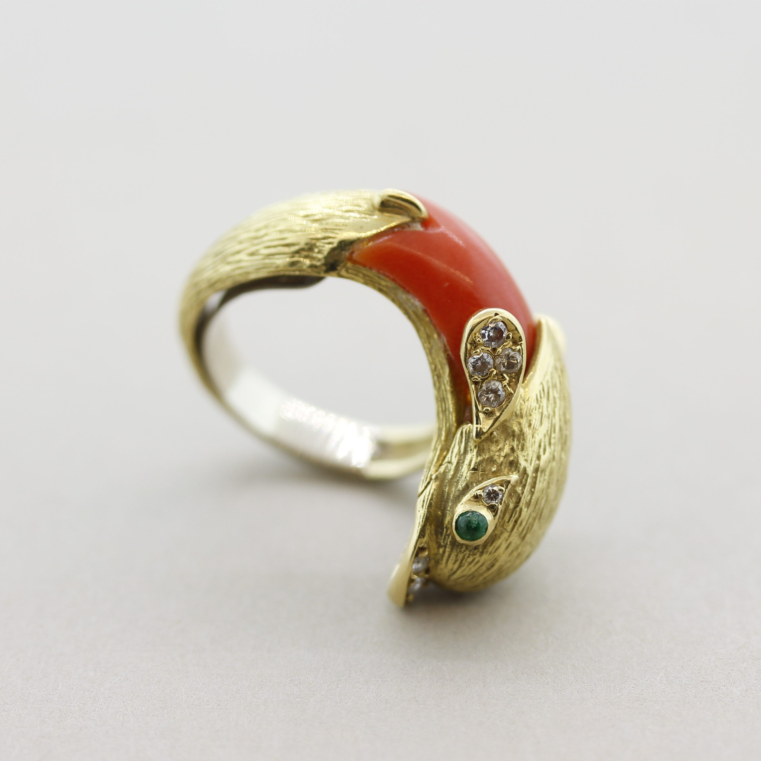 1970’s Diamond Coral Emerald Gold Dolphin Ring