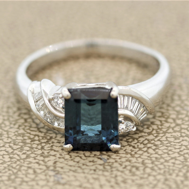 Green-Blue Tourmaline Engagement Ring 1960's Diamond Mount 14K