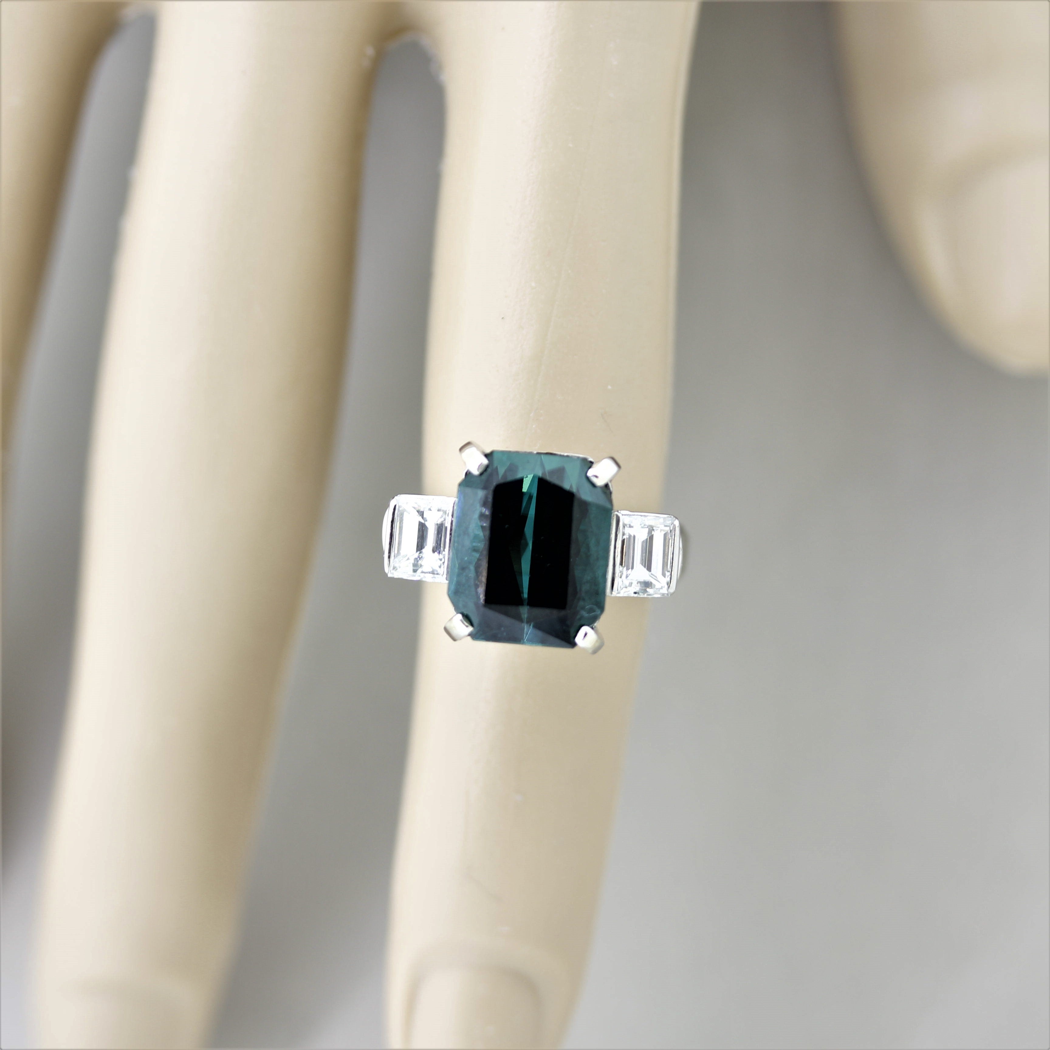 Fine Indicolite Tourmaline Diamond Platinum 3-Stone Ring