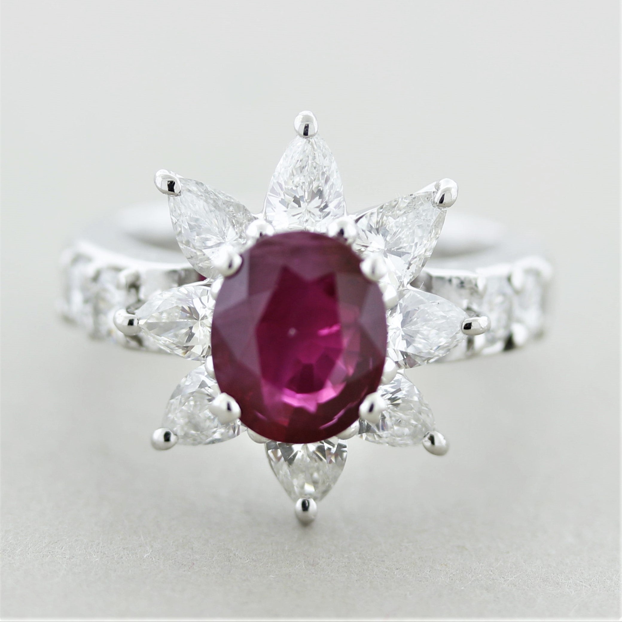 Ruby Diamond Platinum Flower Ring, GIA Certified