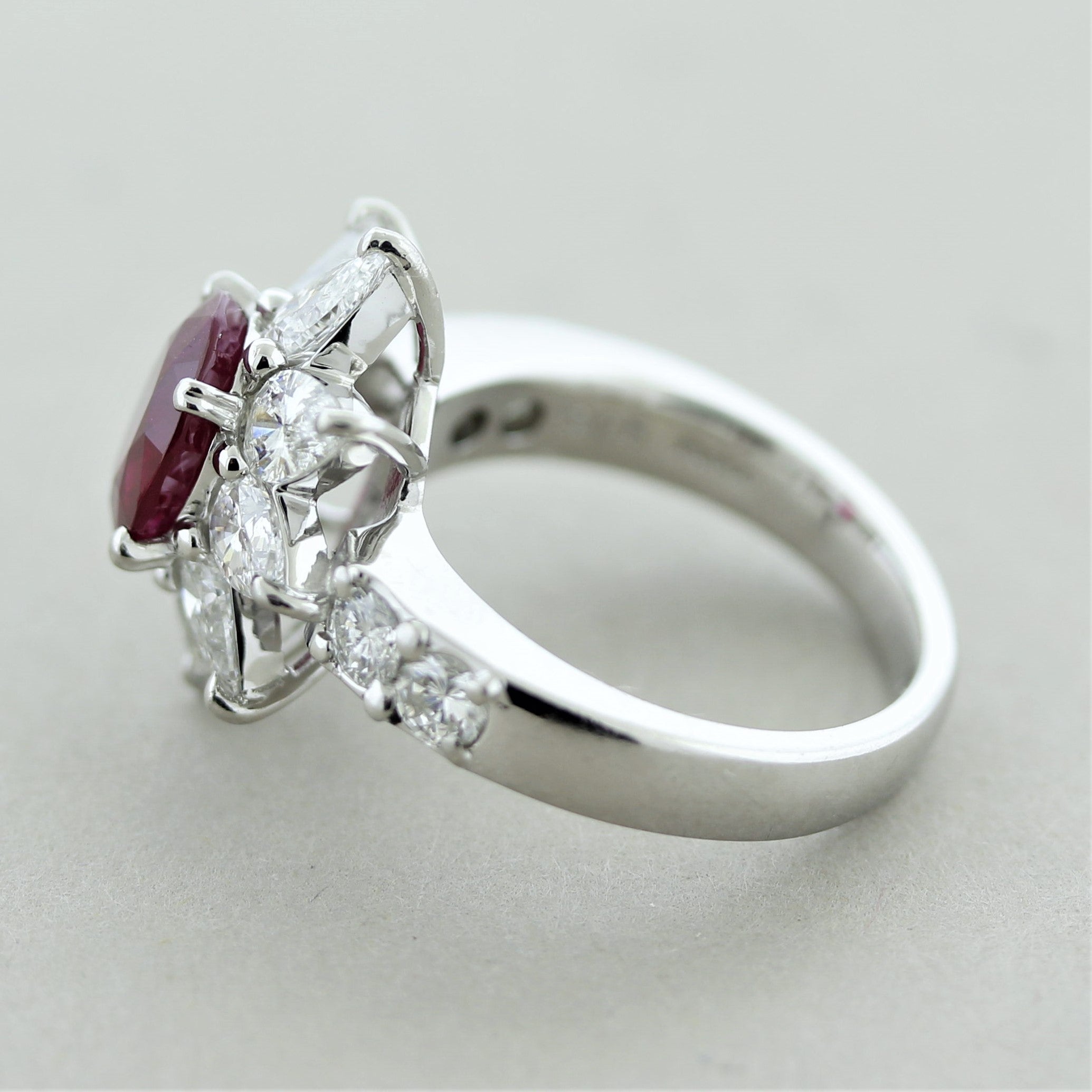 Ruby Diamond Platinum Flower Ring, GIA Certified