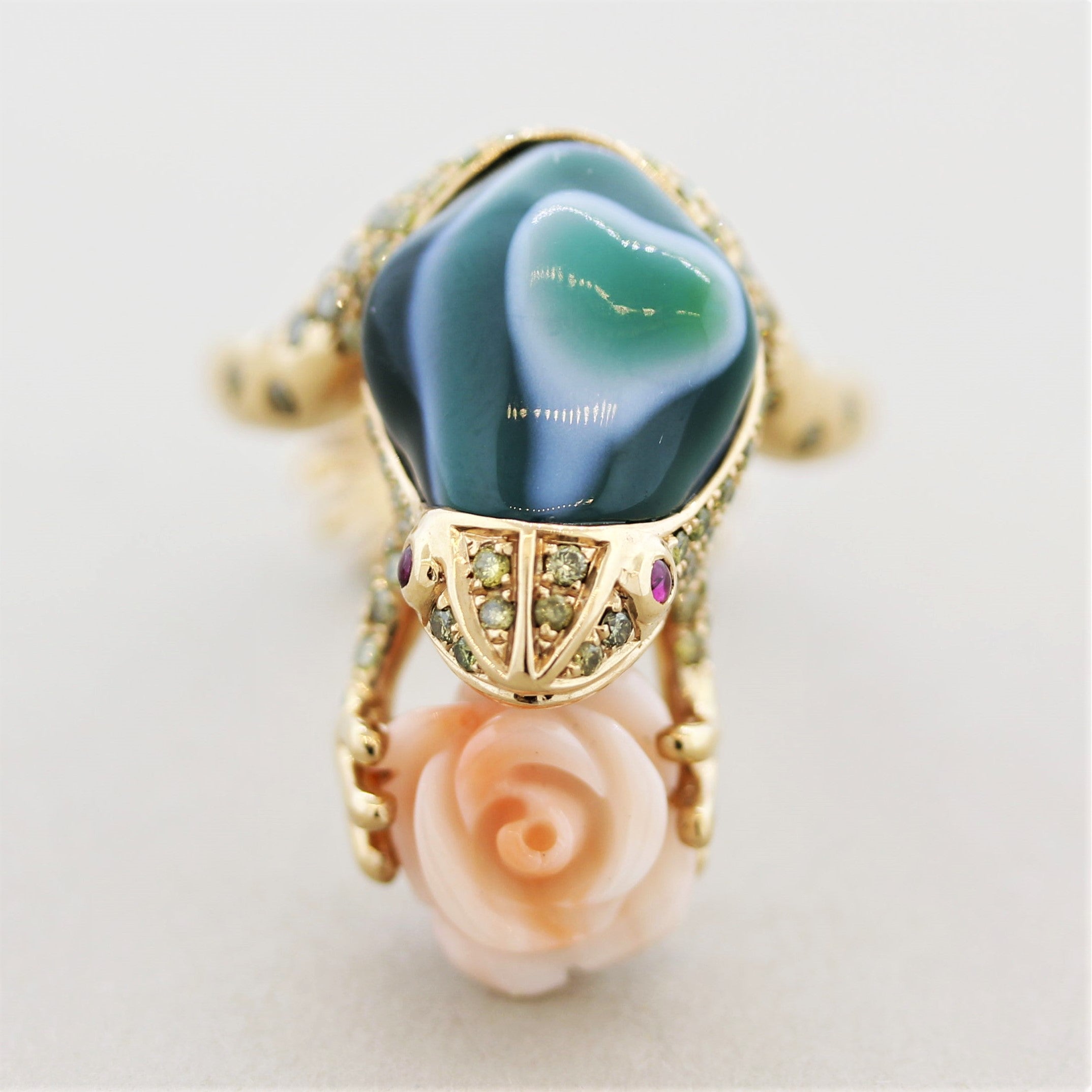 Diamond Agate Coral Flower Gold Frog Ring