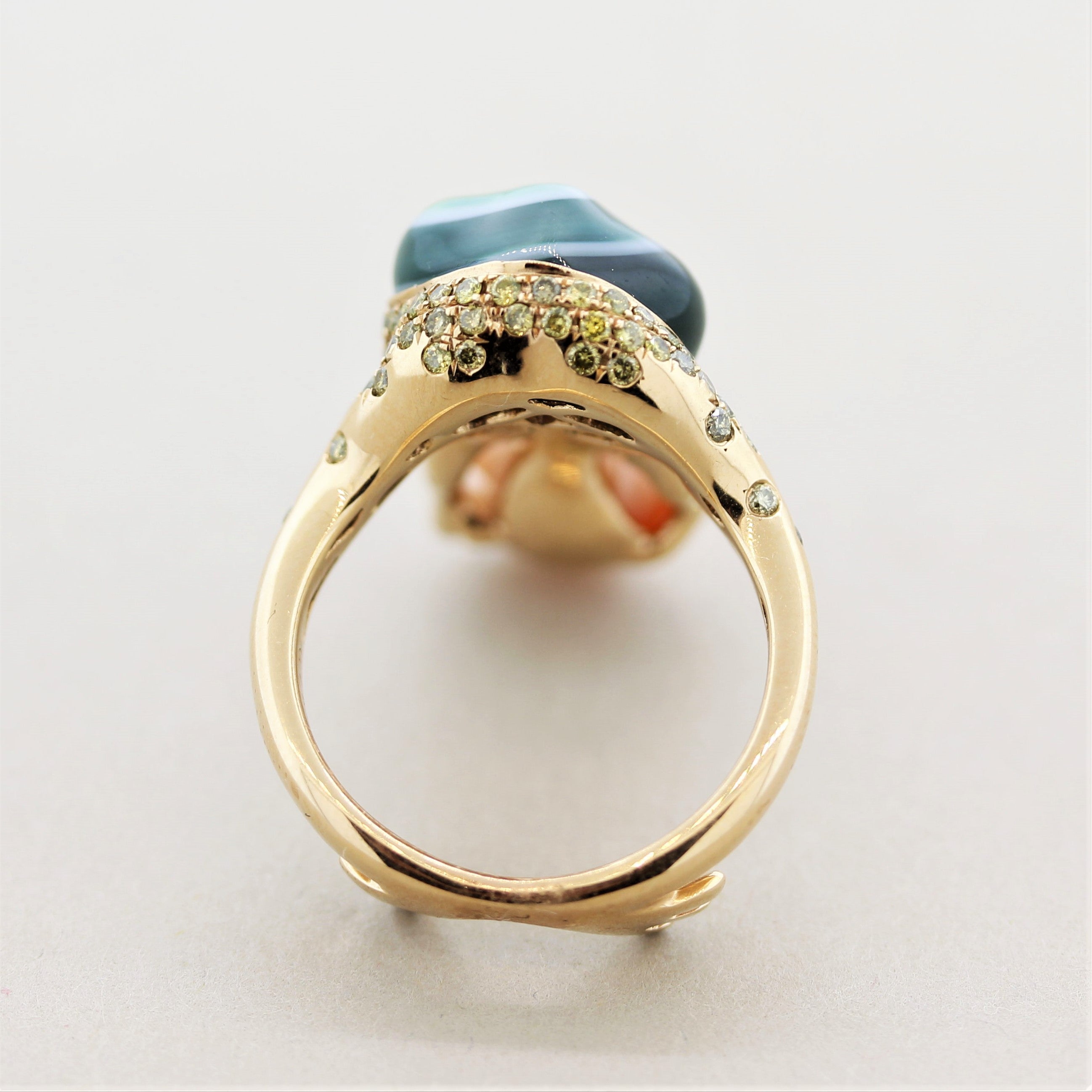 Diamond Agate Coral Flower Gold Frog Ring