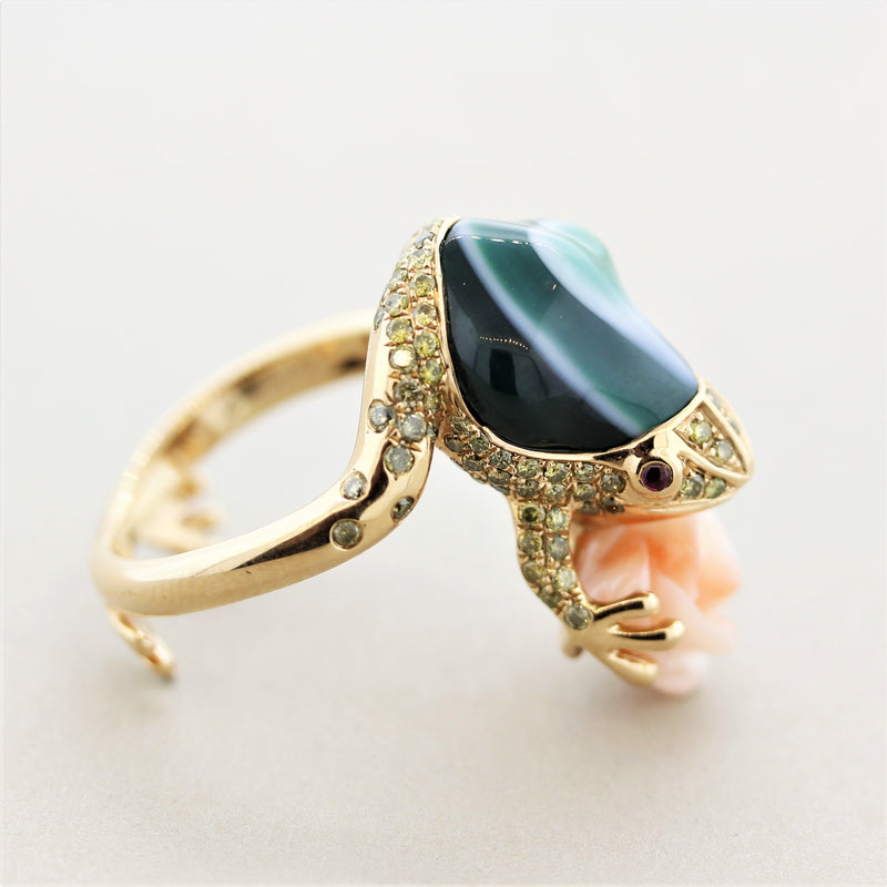 Diamond Agate Coral Flower Gold Frog Ring