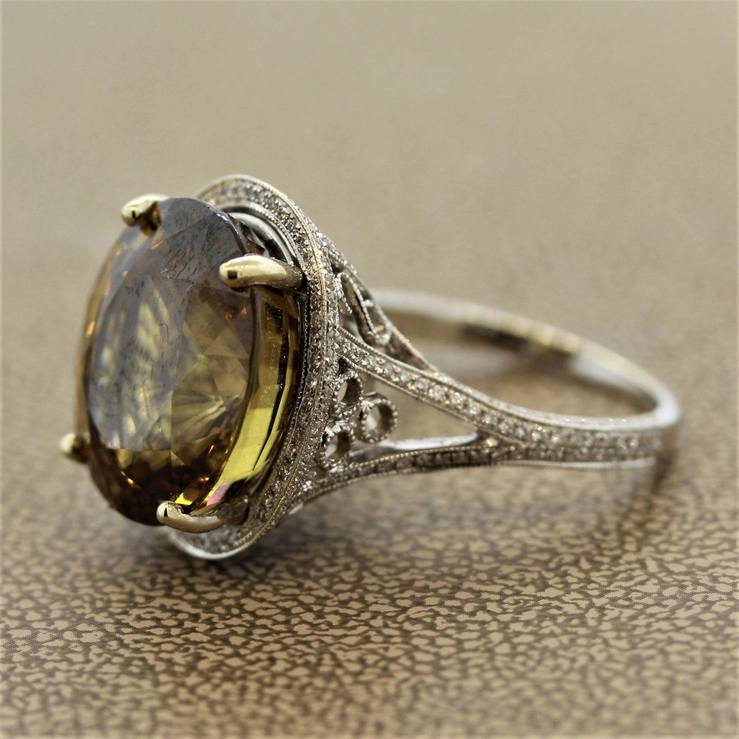 Large Zircon Diamond Gold Cocktail Ring