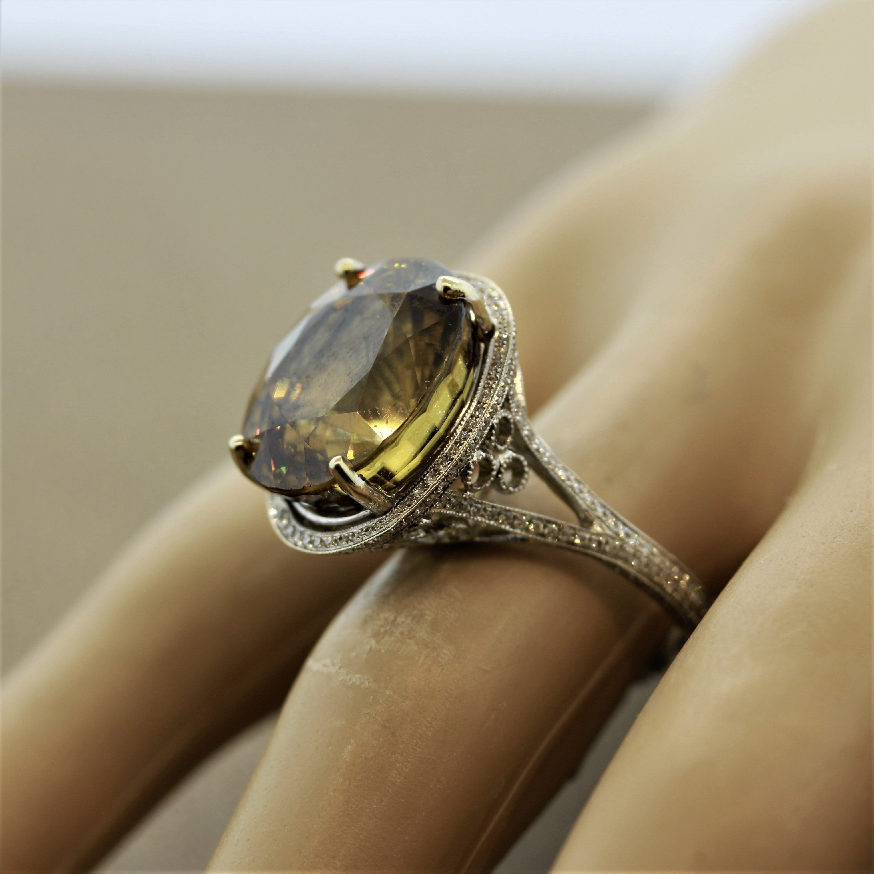 Large Zircon Diamond Gold Cocktail Ring