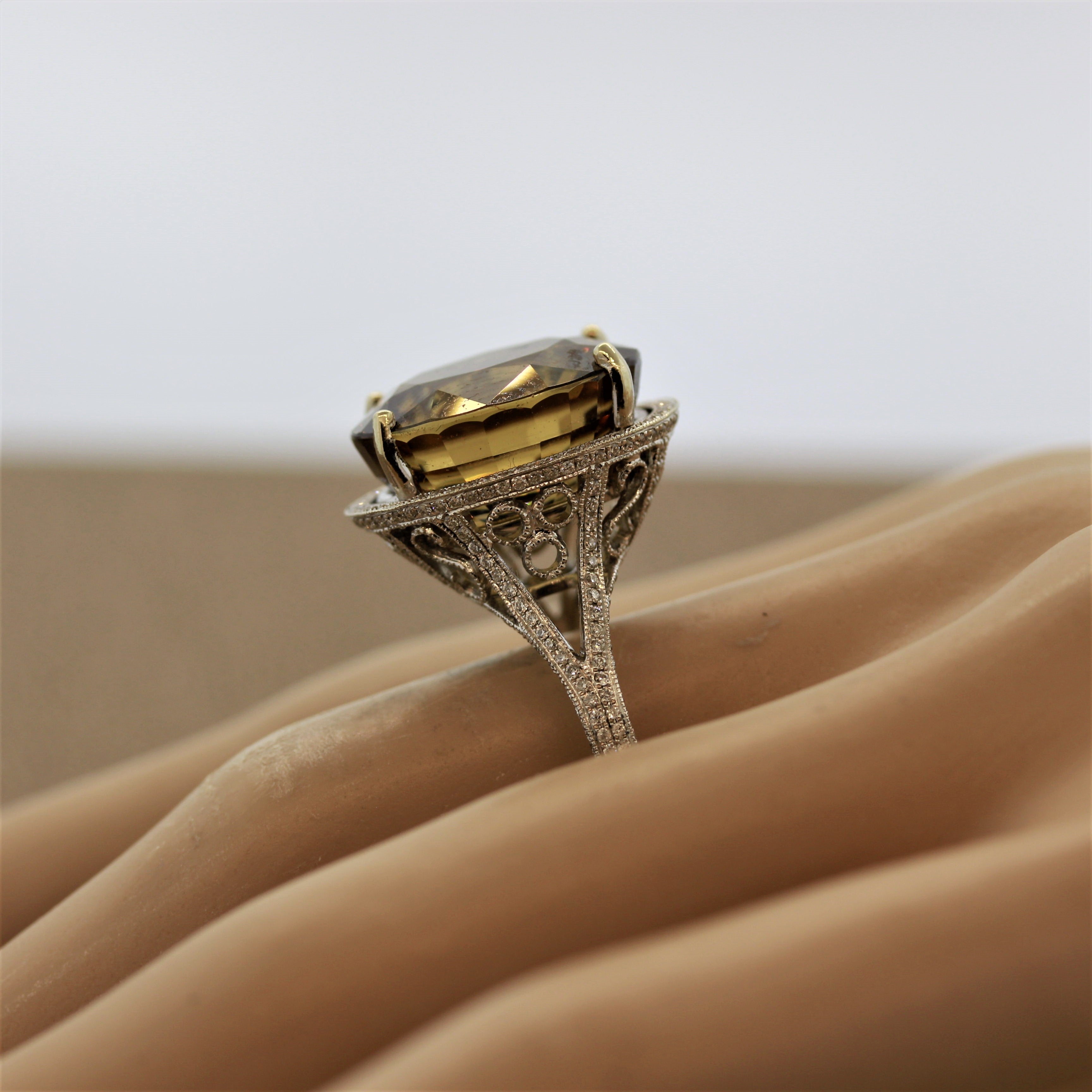 Large Zircon Diamond Gold Cocktail Ring