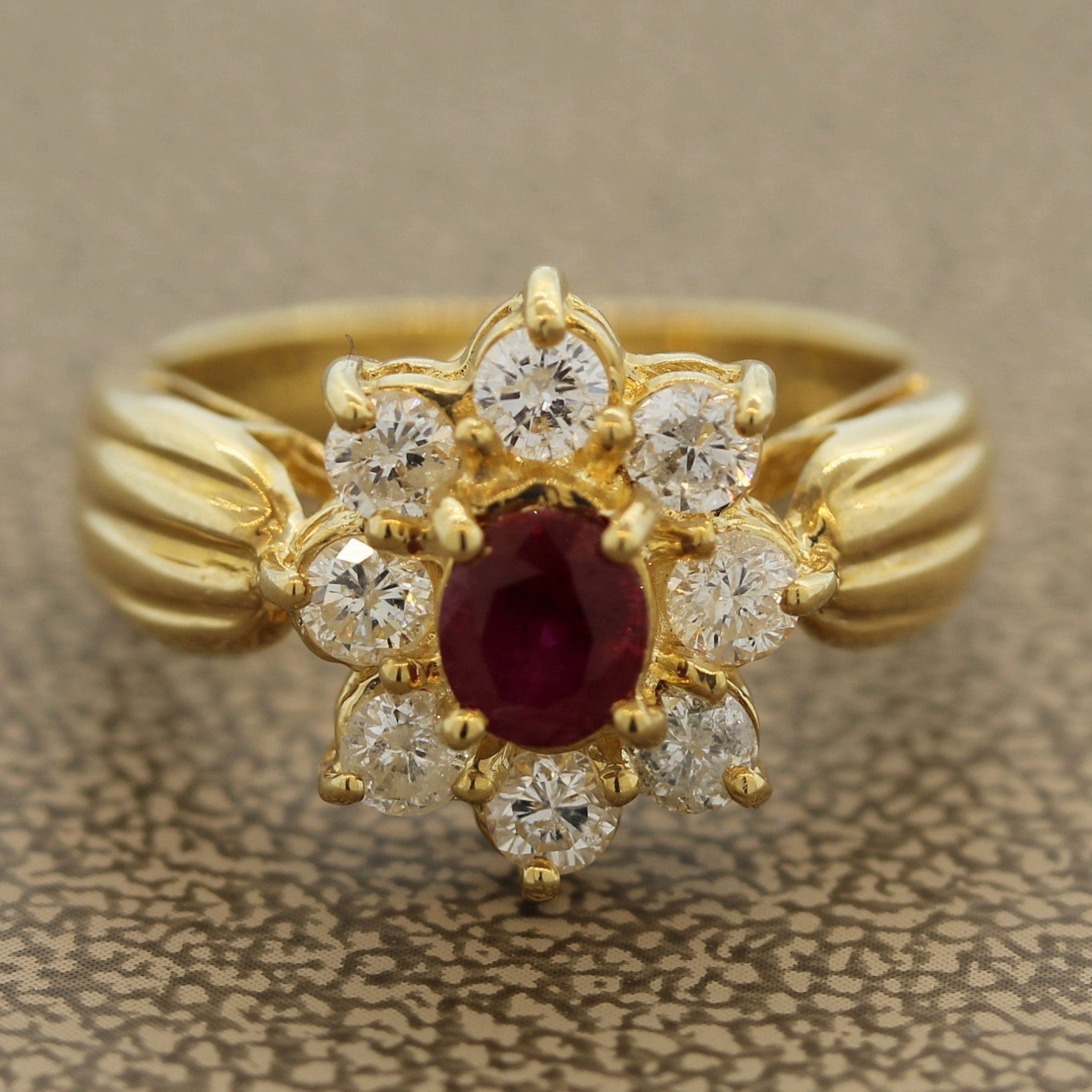 Ruby Diamond-Halo Gold Flower Ring