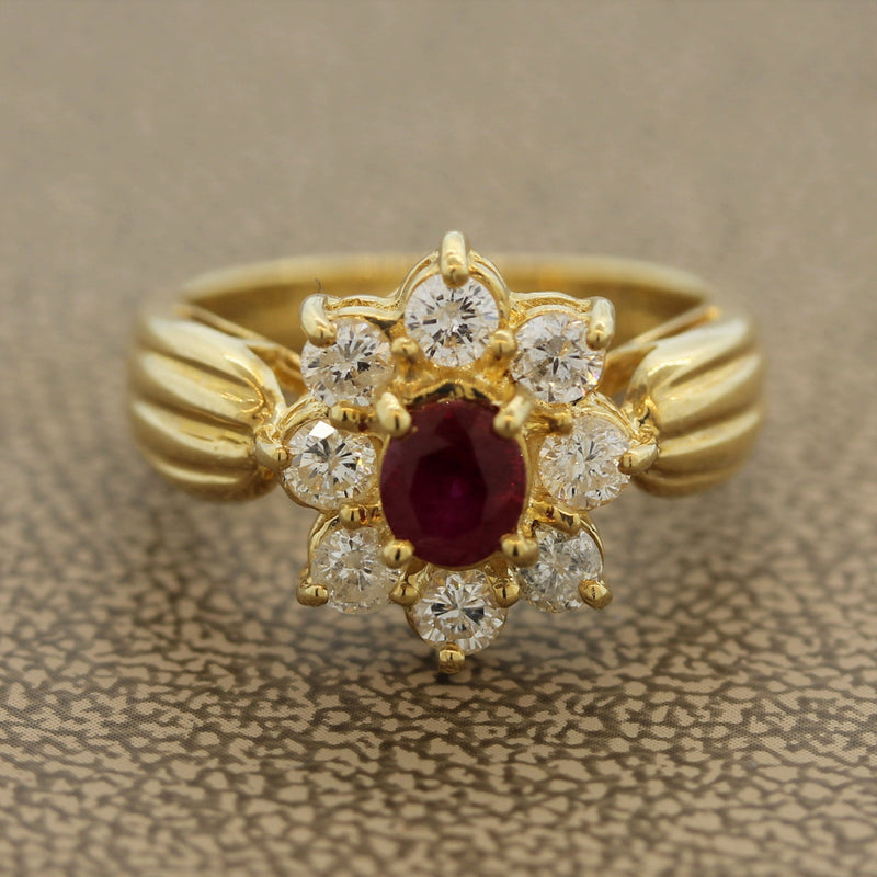 Ruby Diamond-Halo Gold Flower Ring
