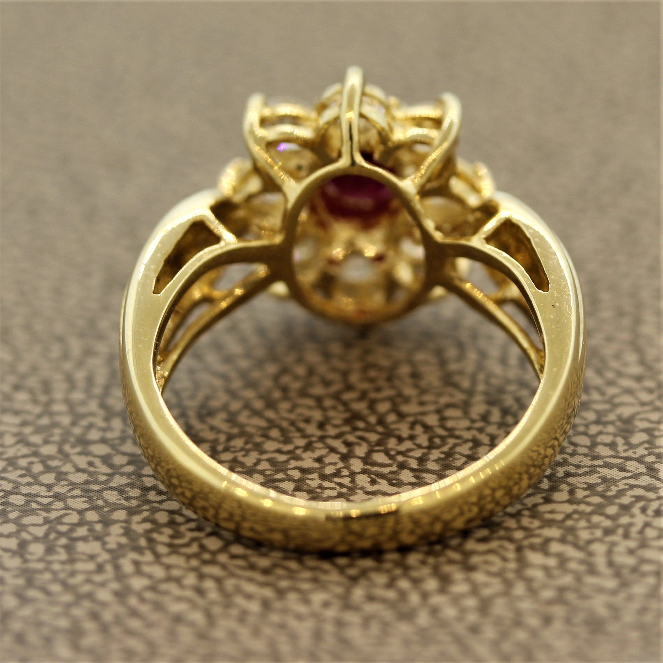 Ruby Diamond-Halo Gold Flower Ring