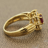 Ruby Diamond-Halo Gold Flower Ring