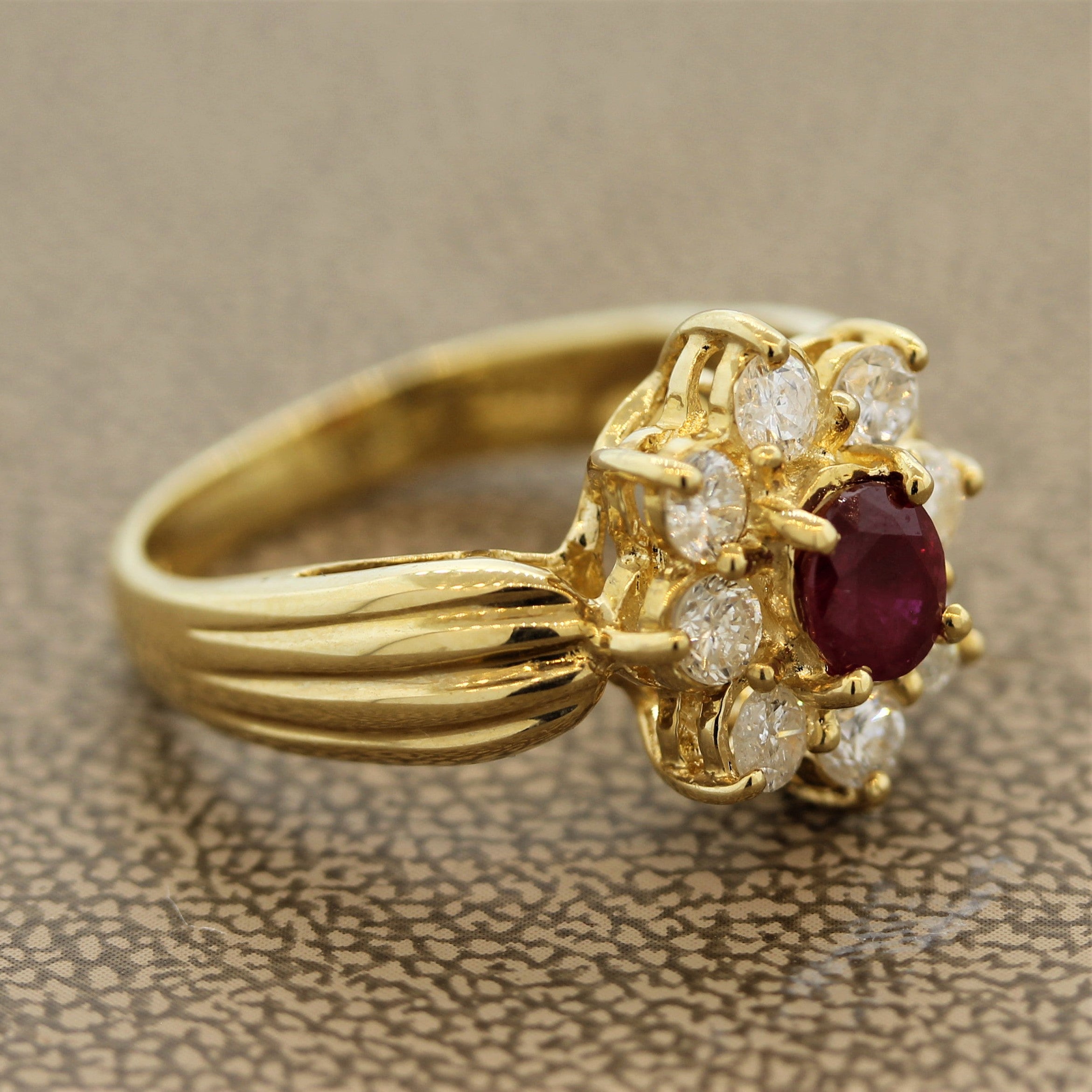 Ruby Diamond-Halo Gold Flower Ring