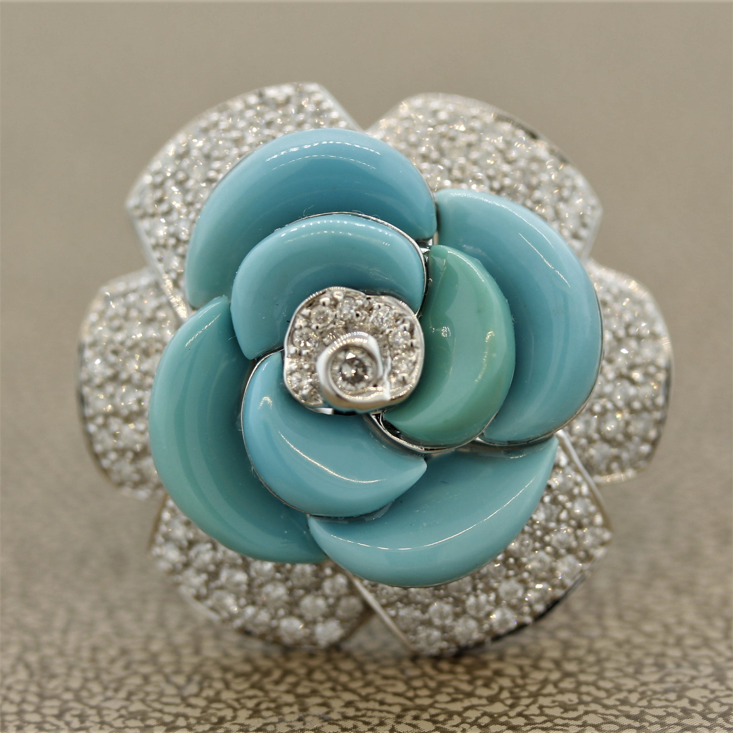 Turquoise Diamond Pave Gold Flower Cocktail Ring