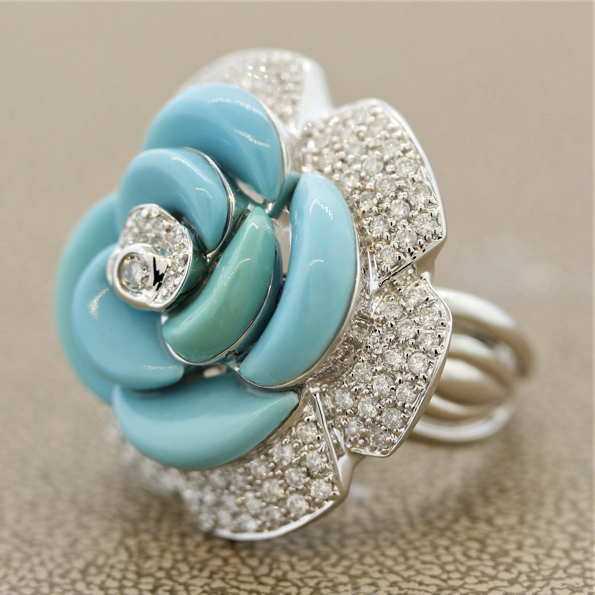 Turquoise Diamond Pave Gold Flower Cocktail Ring