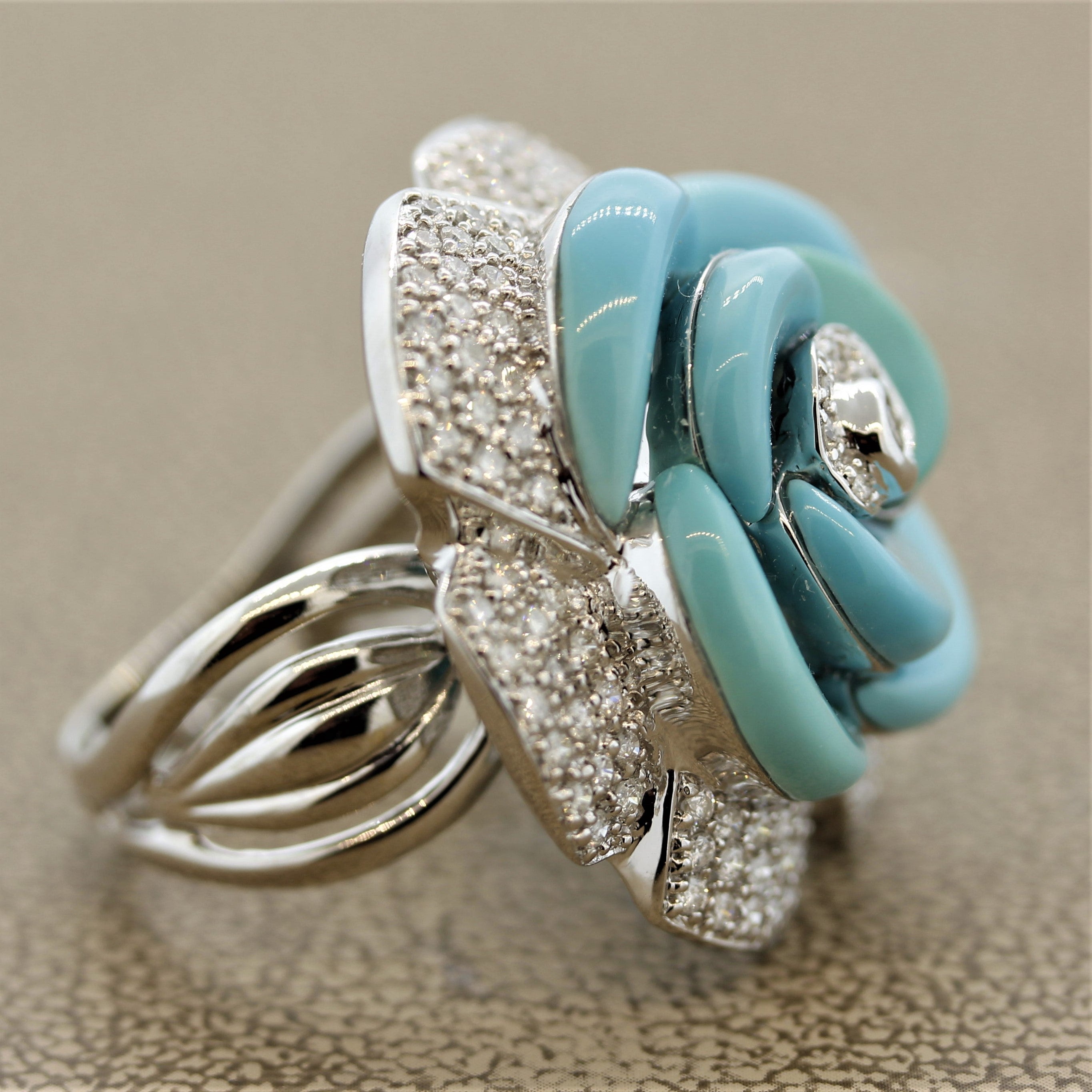 Turquoise Diamond Pave Gold Flower Cocktail Ring