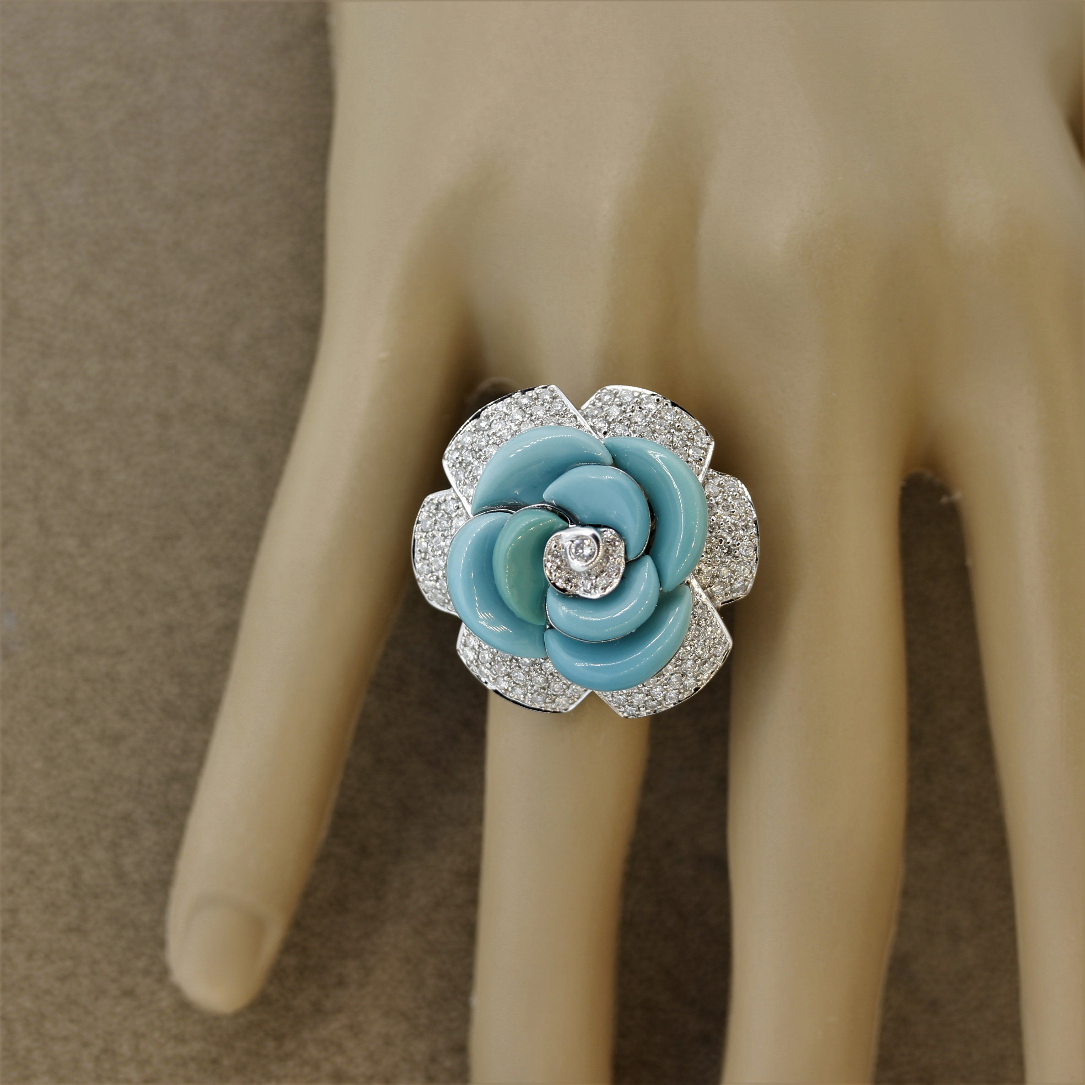 Turquoise Diamond Pave Gold Flower Cocktail Ring