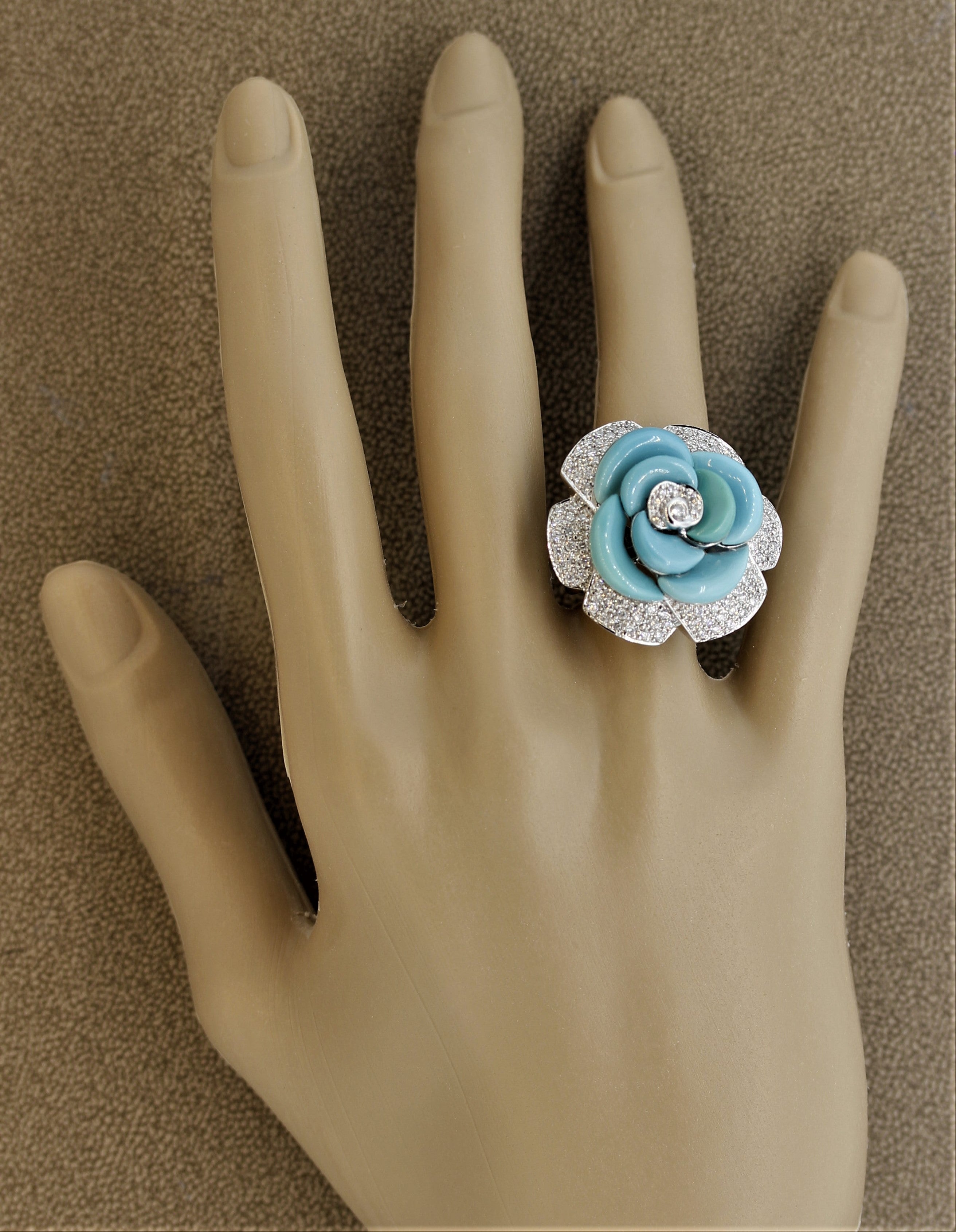 Turquoise Diamond Pave Gold Flower Cocktail Ring