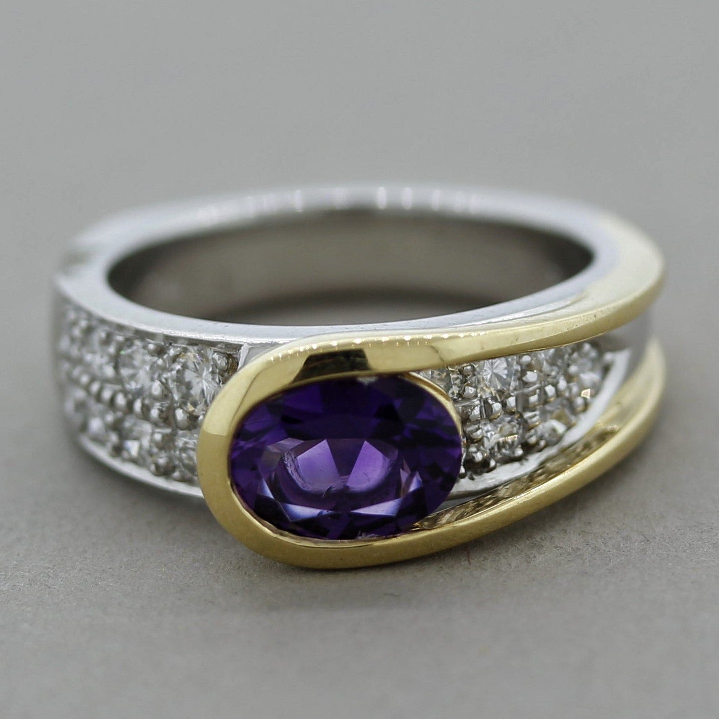 Modern Amethyst Diamond Platinum & Gold Two-Tone Ring