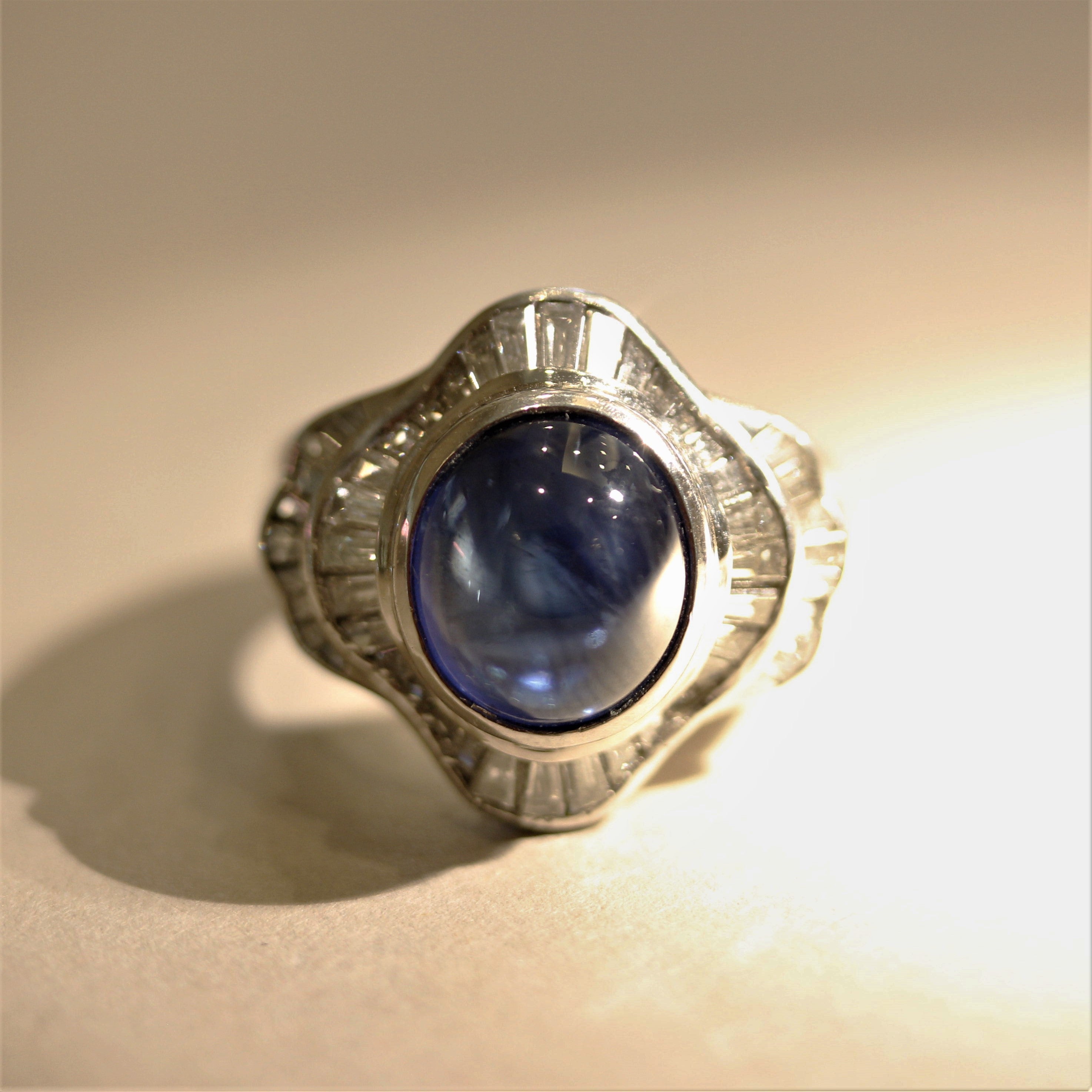 Cabochon Sapphire Diamond Platinum Ring