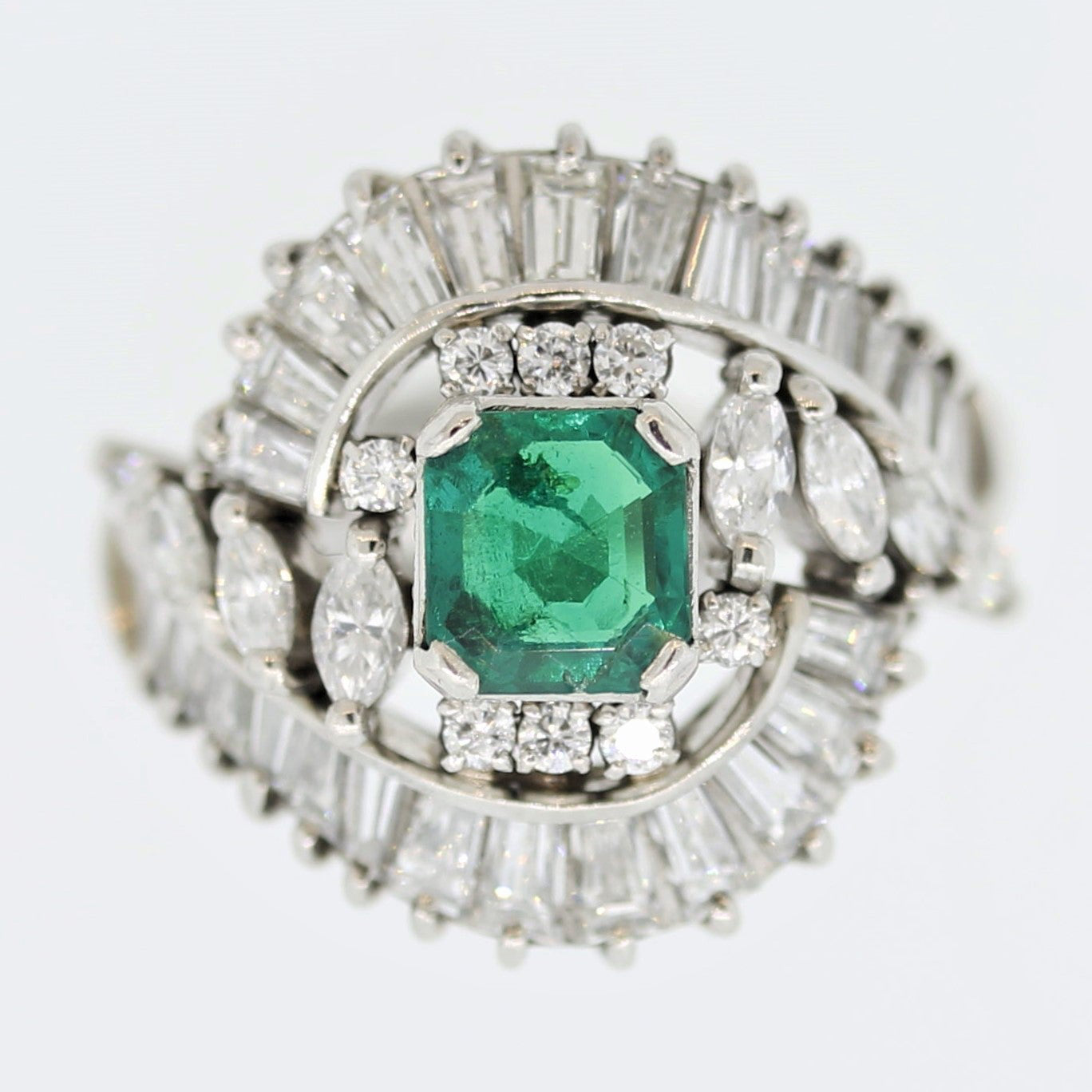 Mid-Century Emerald Diamond Platinum Spray Ring