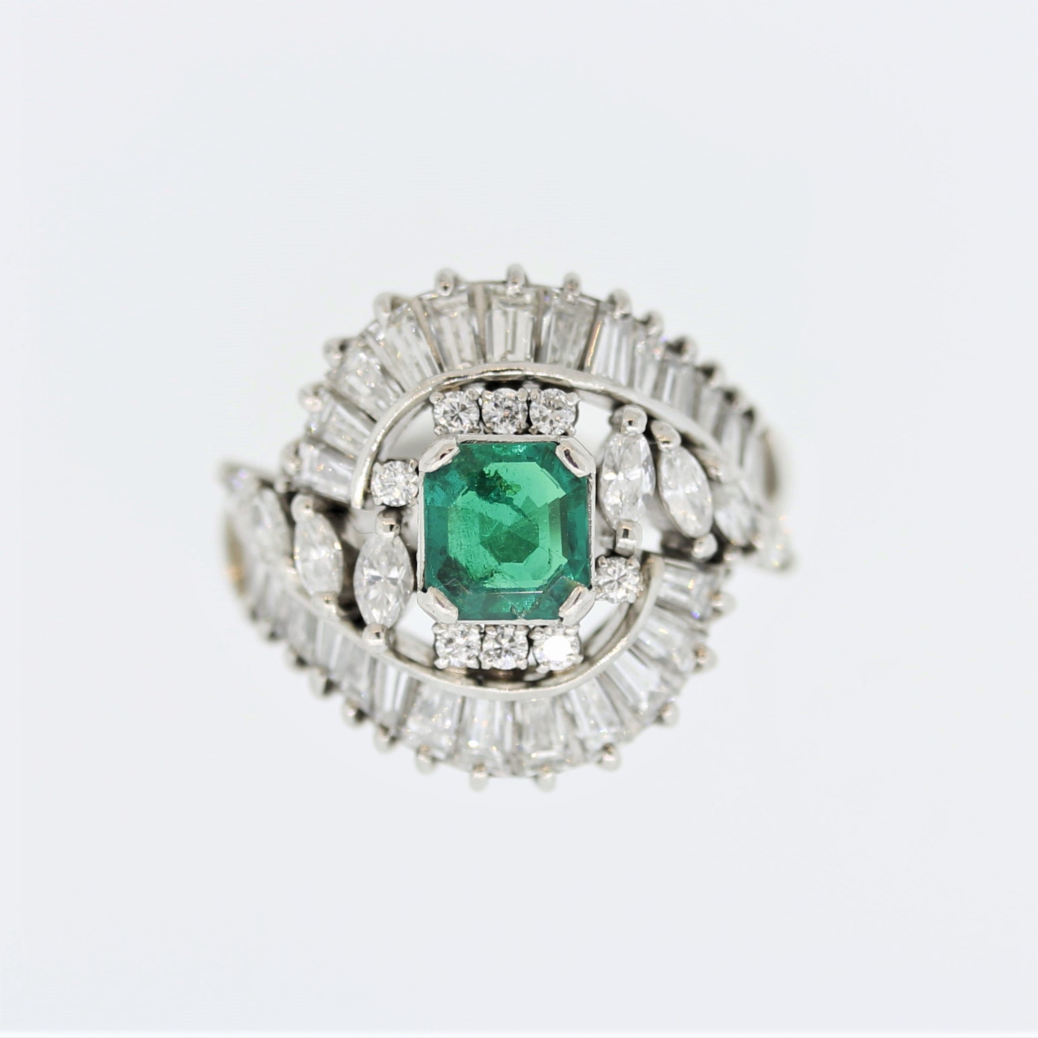 Mid-Century Emerald Diamond Platinum Spray Ring