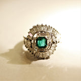 Mid-Century Emerald Diamond Platinum Spray Ring