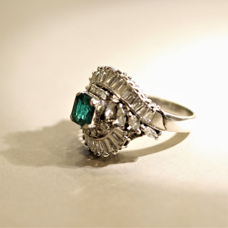 Mid-Century Emerald Diamond Platinum Spray Ring
