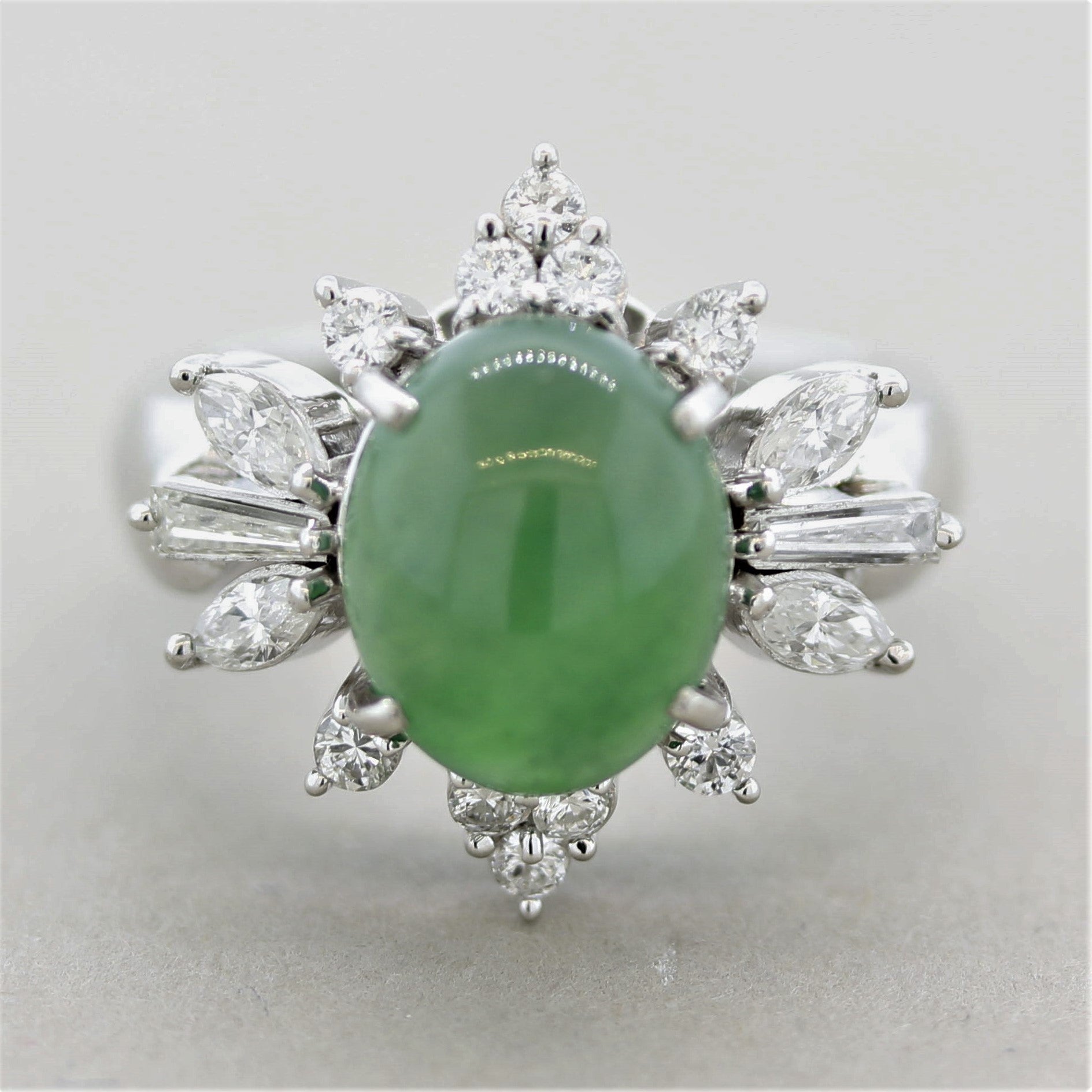 Natural Jadeite Jade Diamond Platinum Floral Ring, GIA Certified