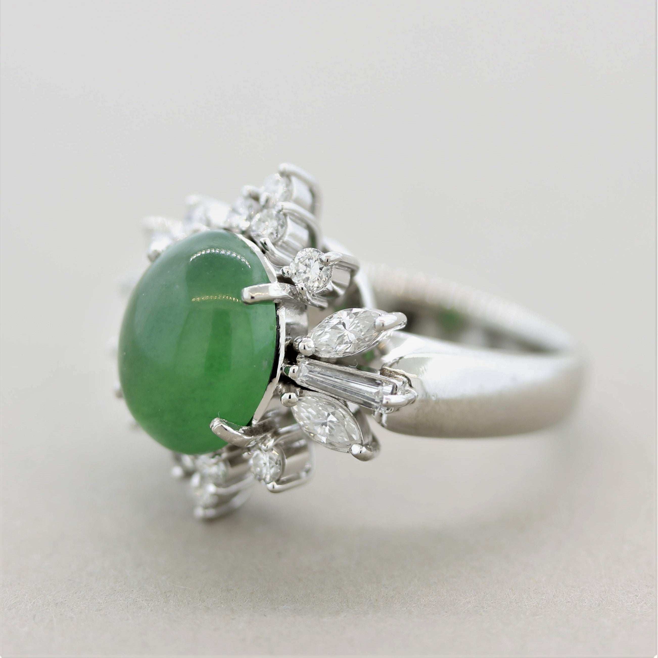 Natural Jadeite Jade Diamond Platinum Floral Ring, GIA Certified