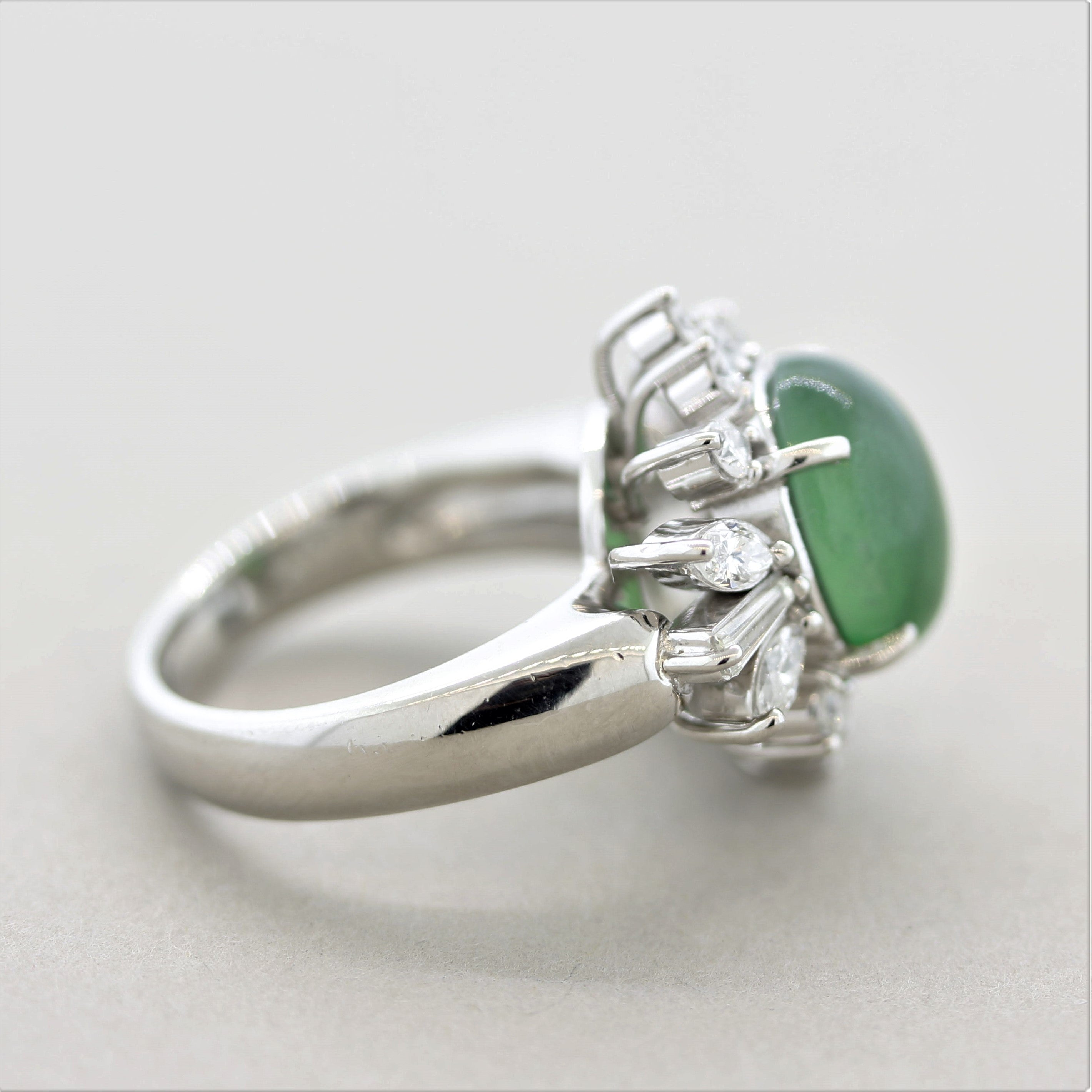 Natural Jadeite Jade Diamond Platinum Floral Ring, GIA Certified