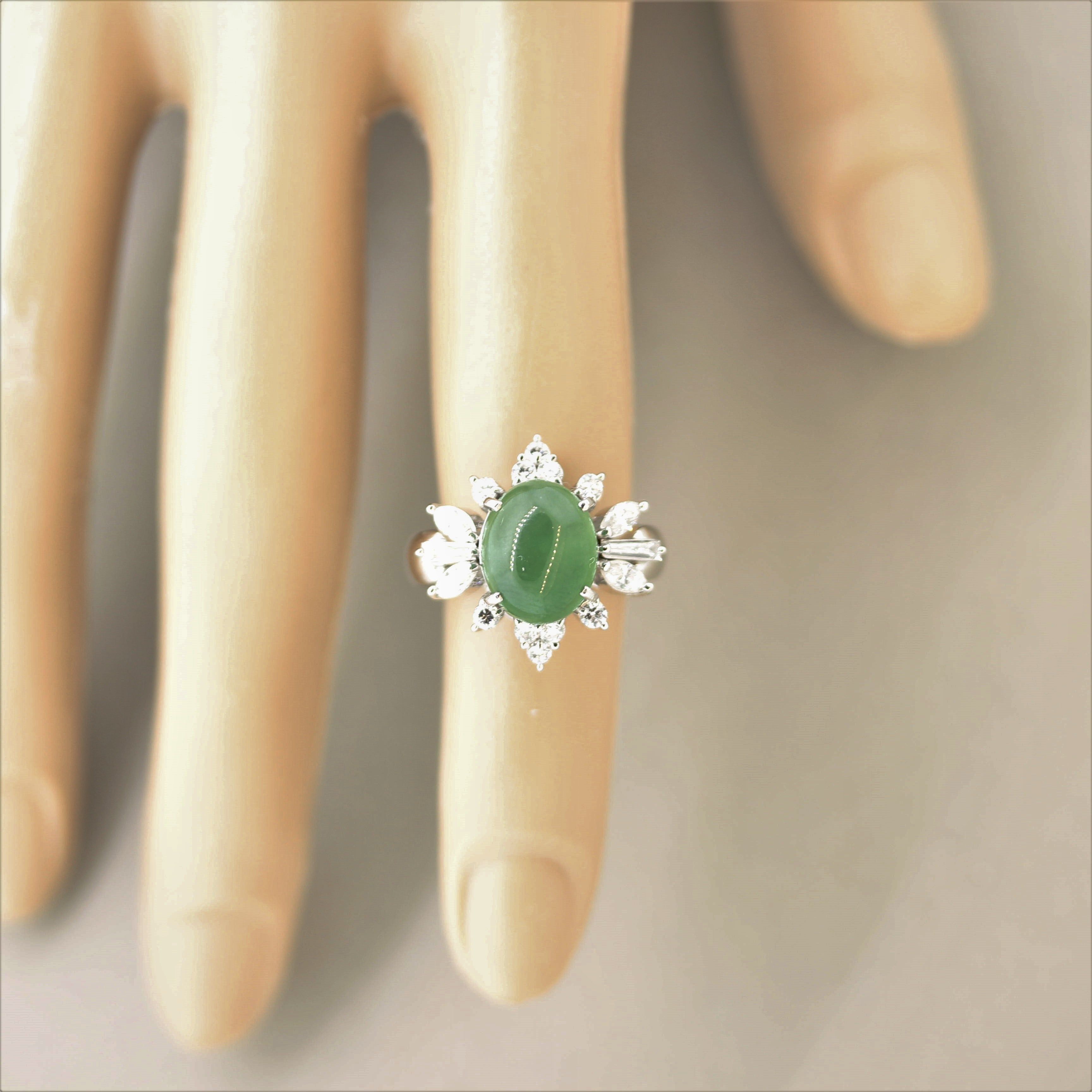 Natural Jadeite Jade Diamond Platinum Floral Ring, GIA Certified