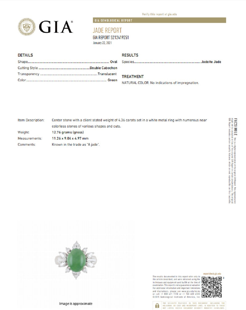 Natural Jadeite Jade Diamond Platinum Floral Ring, GIA Certified