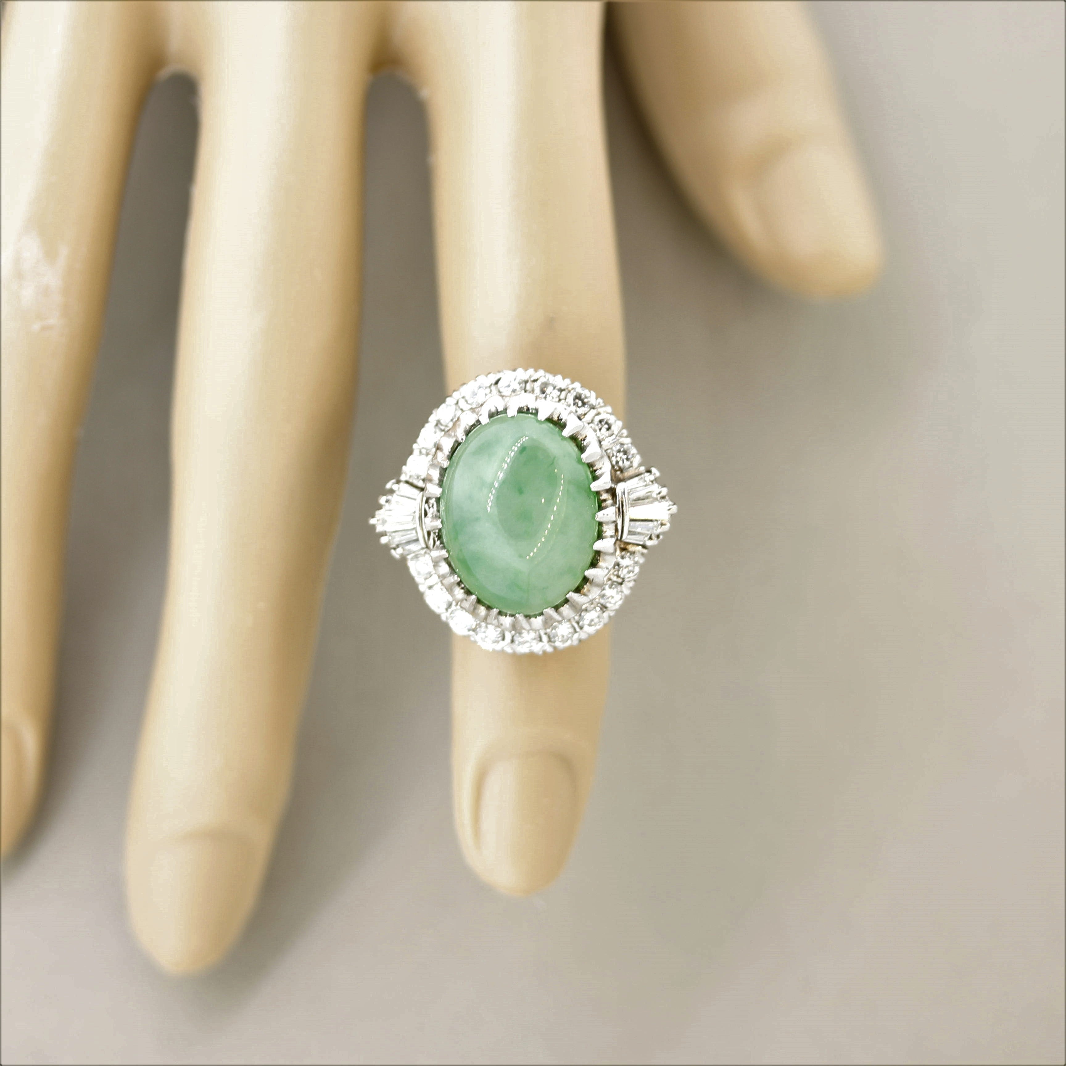 Antique-Style Jadeite Jade Diamond Platinum Cocktail Ring, GIA Certified