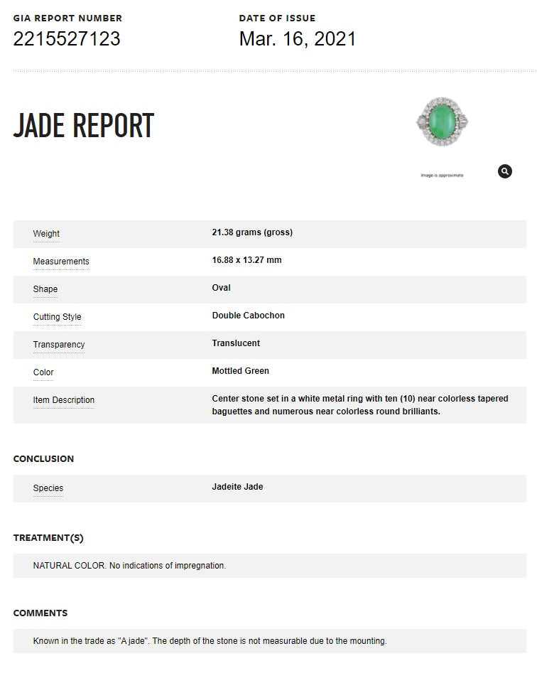 Antique-Style Jadeite Jade Diamond Platinum Cocktail Ring, GIA Certified