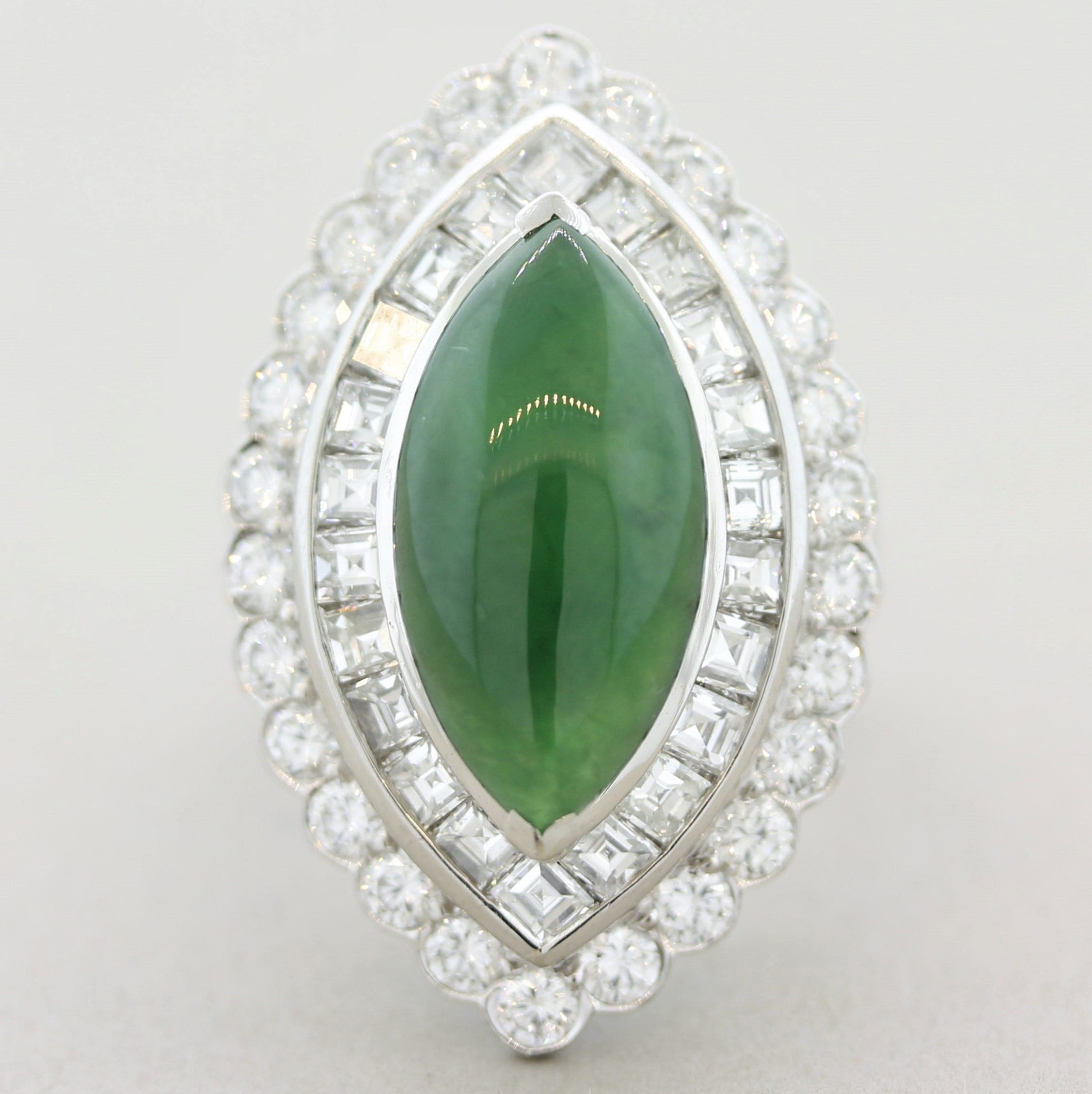 Jadeite Jade Diamond Platinum Navette-Style Cocktail Ring, GIA Certified