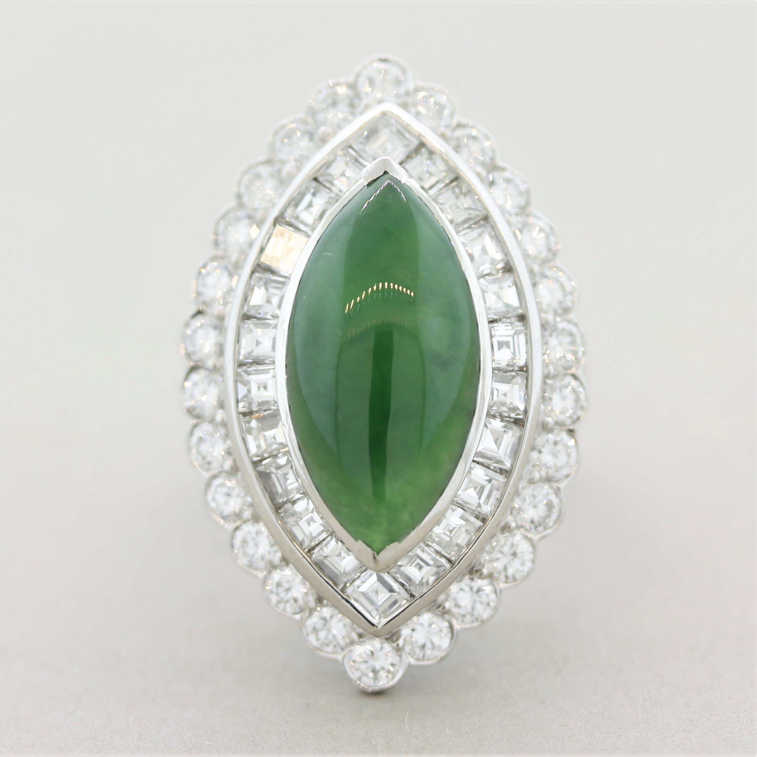 Jadeite Jade Diamond Platinum Navette-Style Cocktail Ring, GIA Certified