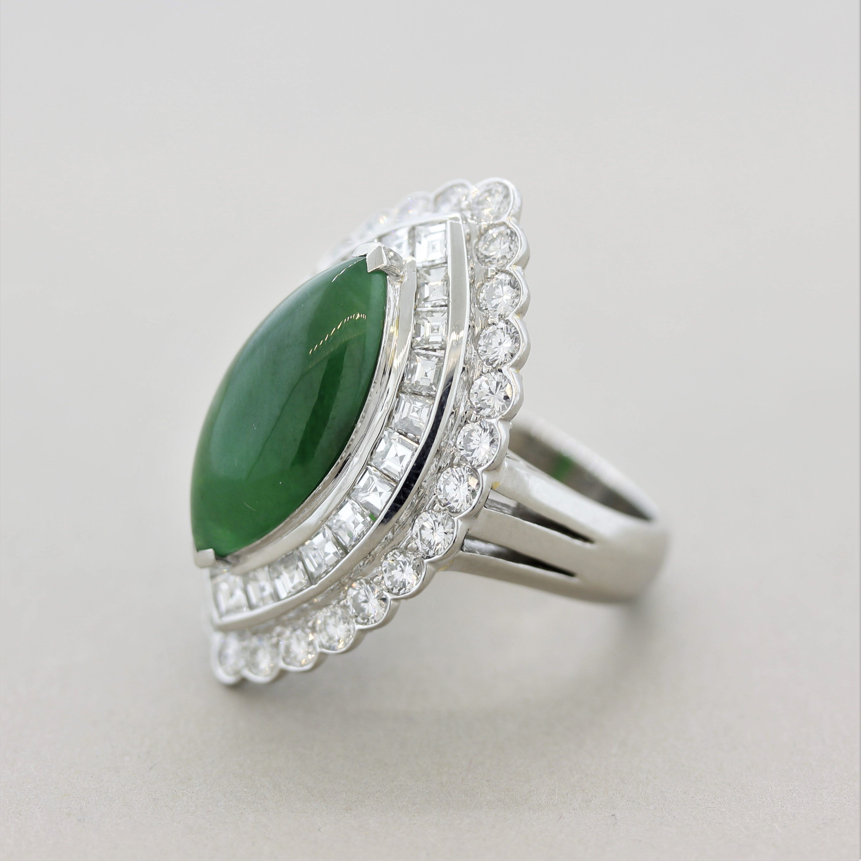 Jadeite Jade Diamond Platinum Navette-Style Cocktail Ring, GIA Certified