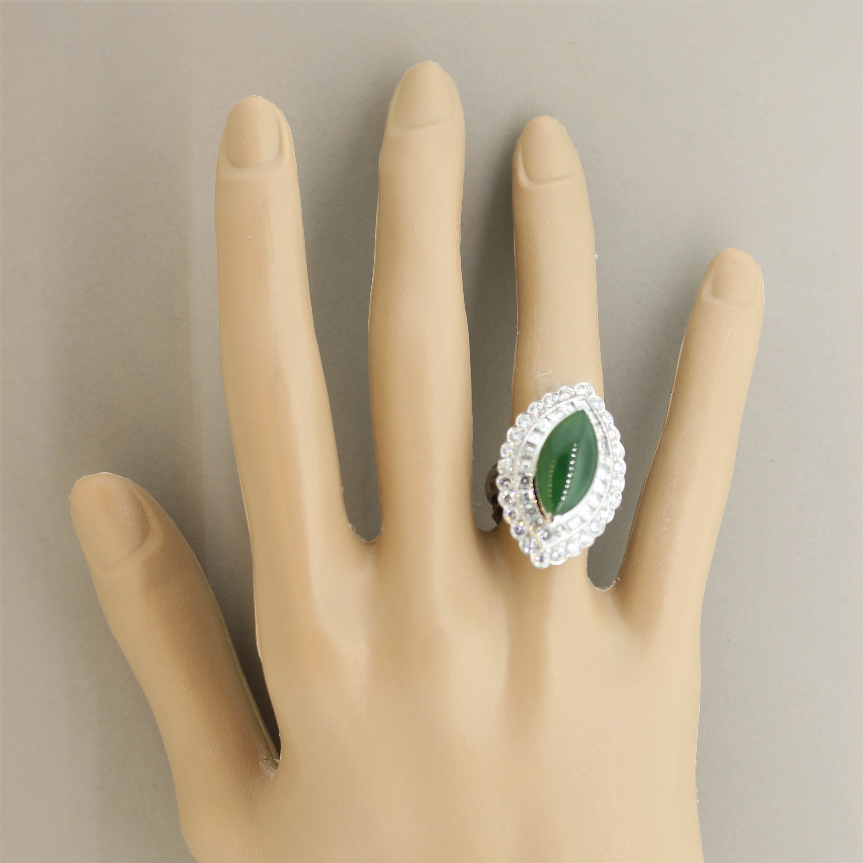 Jadeite Jade Diamond Platinum Navette-Style Cocktail Ring, GIA Certified