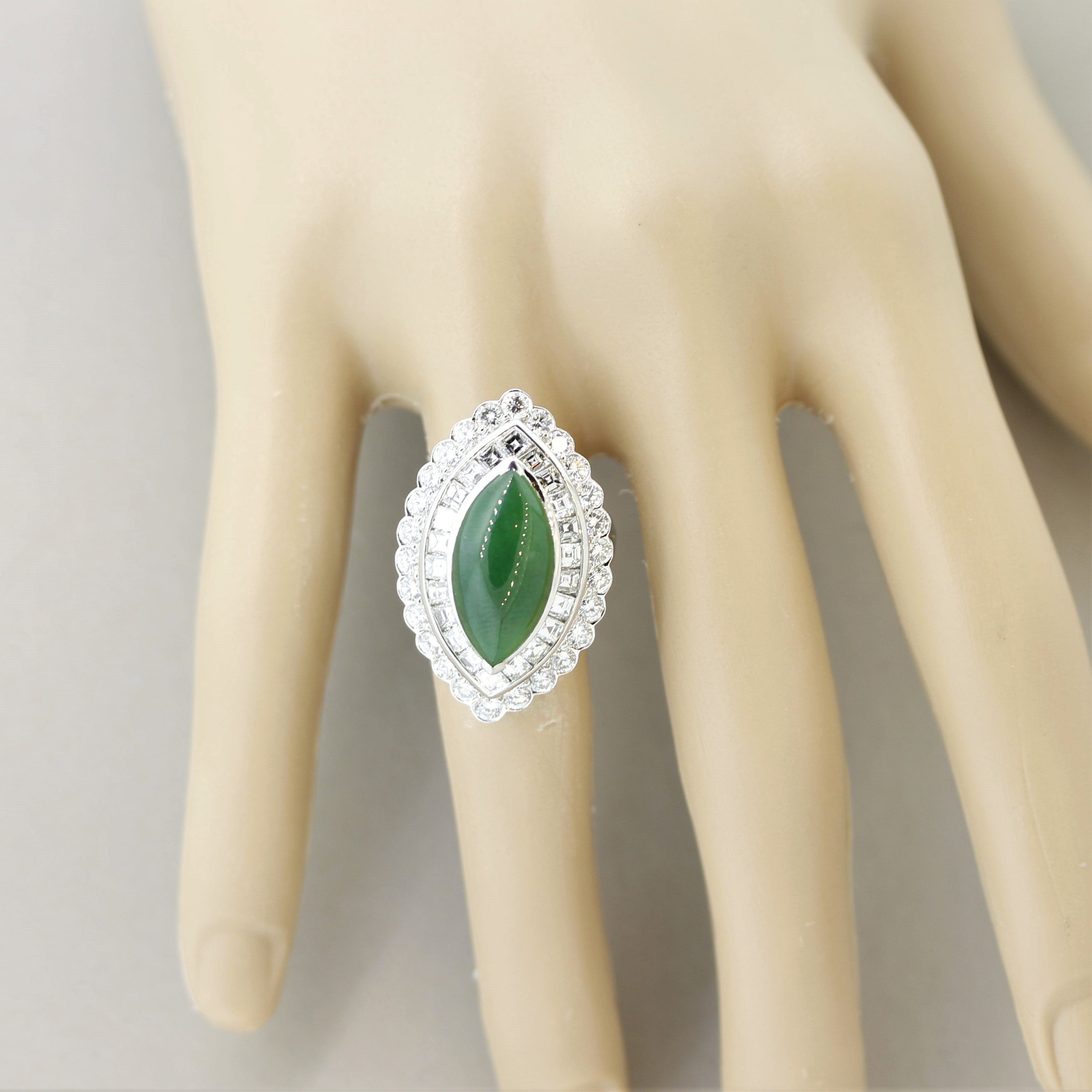 Jadeite Jade Diamond Platinum Navette-Style Cocktail Ring, GIA Certified