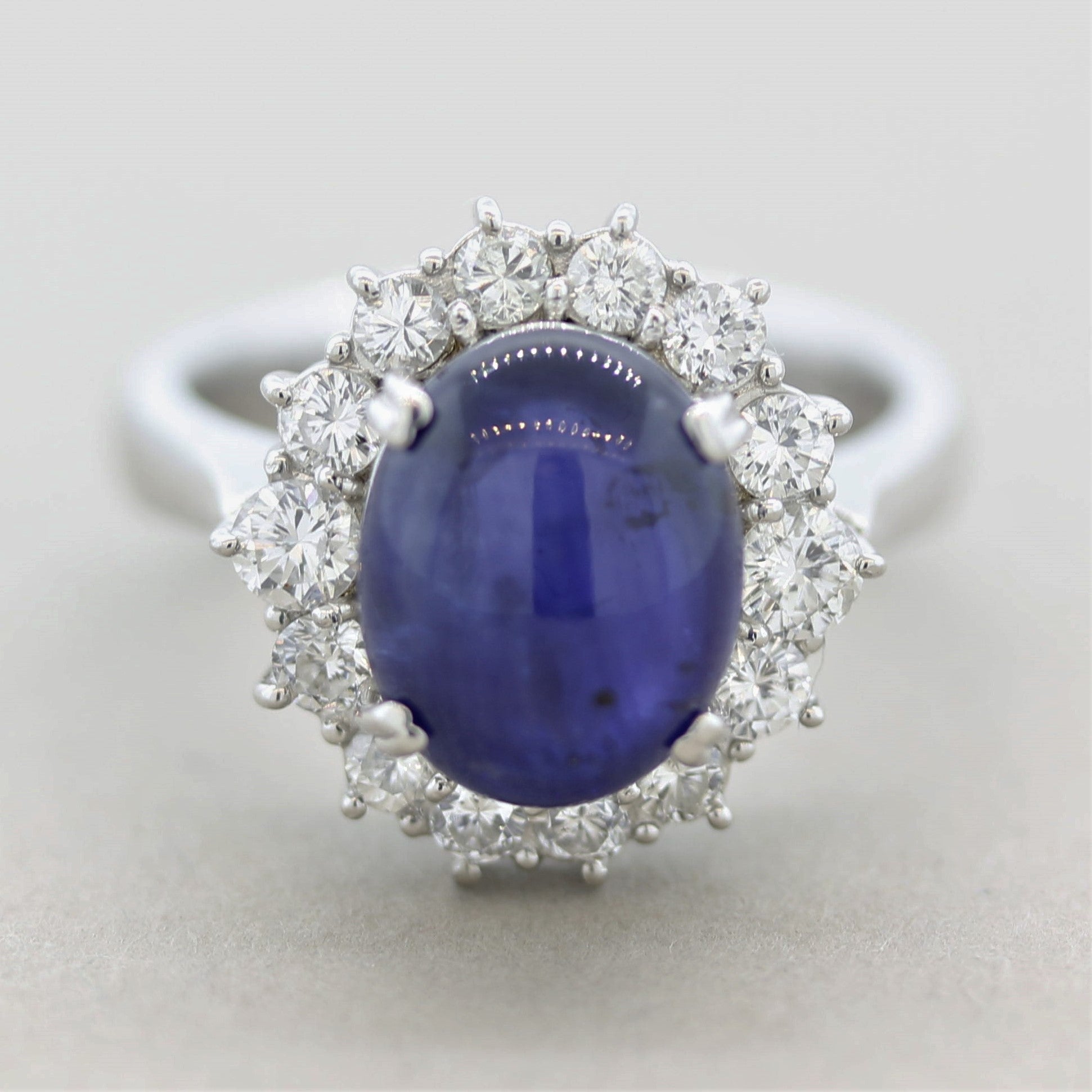 Cabochon Sapphire Diamond Halo Platinum Ring